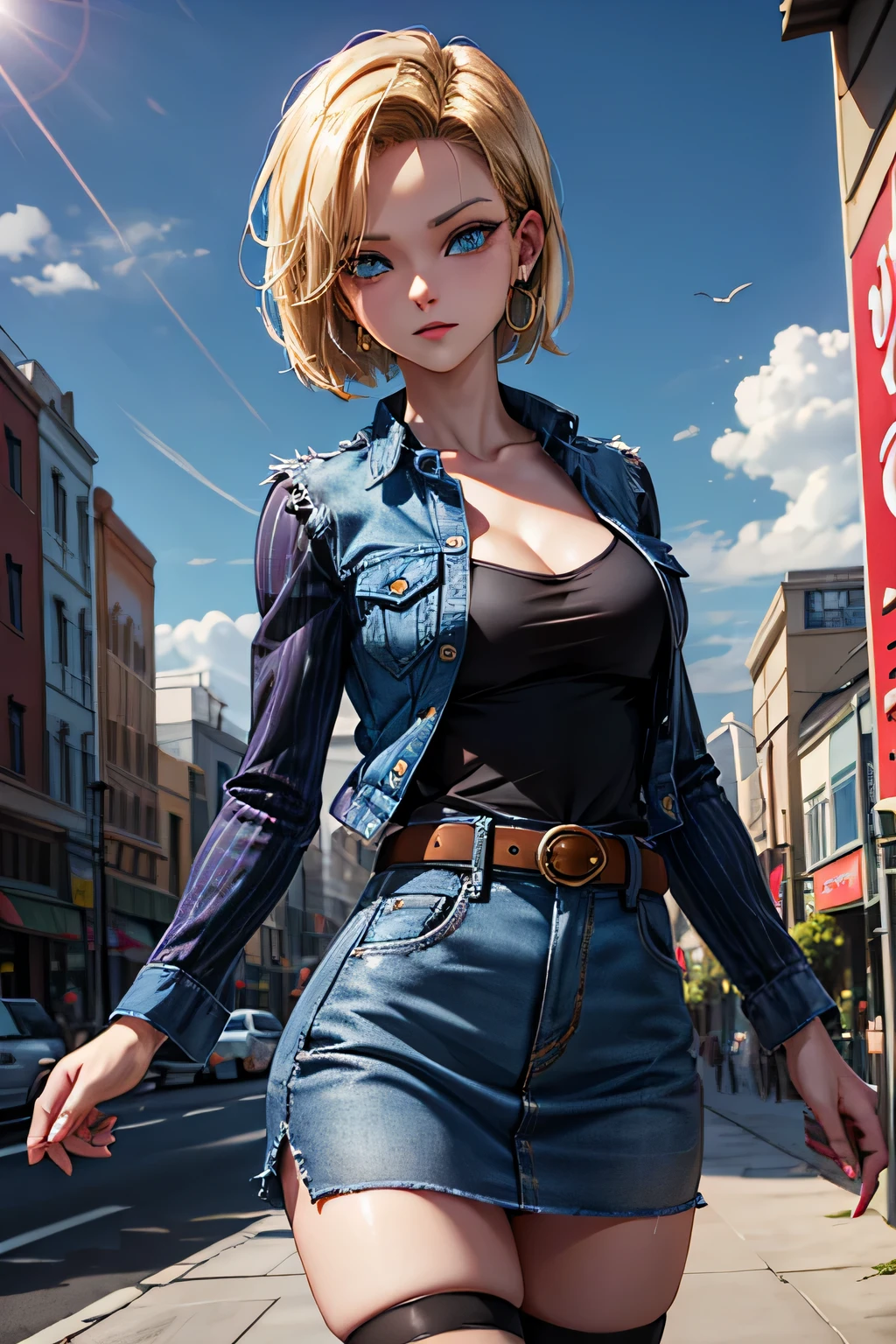 android 18, android 18, blonde hair, blue eyes, eyelash, hoop earrings, short hair, earrings, break belt, black legwear, black shirt, breast pocket, cleavage, clavicle, denim, denim skirt, high-waist skirt, jewelry, long sleeve, pocket, shirt, shirt tucked in, skirt, striped, striped sleeves, waistcoat,, break outdoors, city, null, cloud, sun, break looking at viewer, (cowboy shot:1.5), break (masterpiece:1.2), highest quality, High resolution, unity 8k wallpaper, (shape:0.8), (beautiful and detailed eyes:1.6), highly detailed face, perfect lighting, Very detailed CG, (perfect hands, perfect )