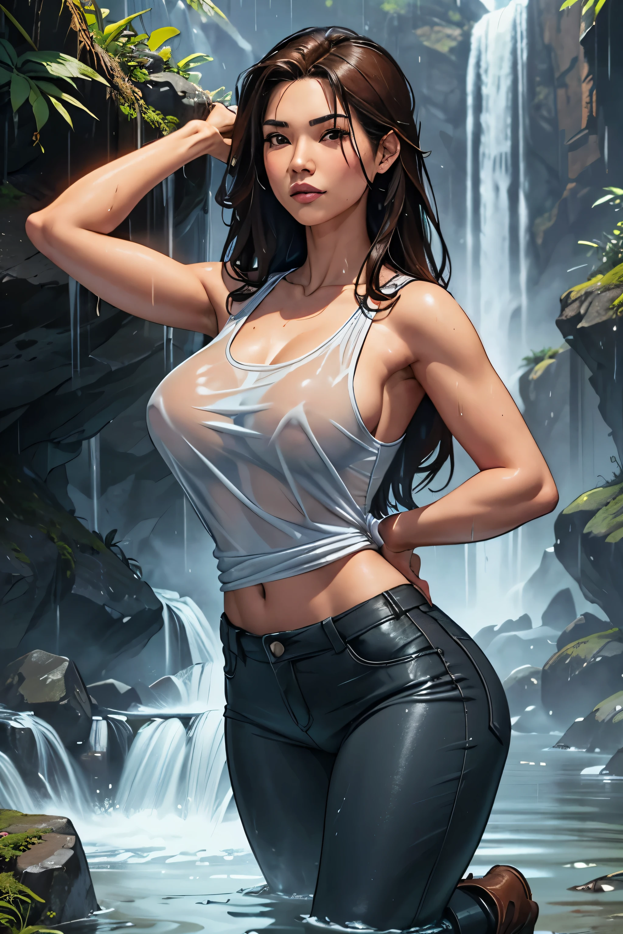 Create a hyper-realistic photograph of a Thai woman with long brown hair wearing a white tank top submerged in river water., Backpacking, blue tactical pants, boots, Round neck headphones, holding a digital camera, Waterfall Background, rainy weather, top view, front view, Wet shirt effect, 3D images, 18K contrast.