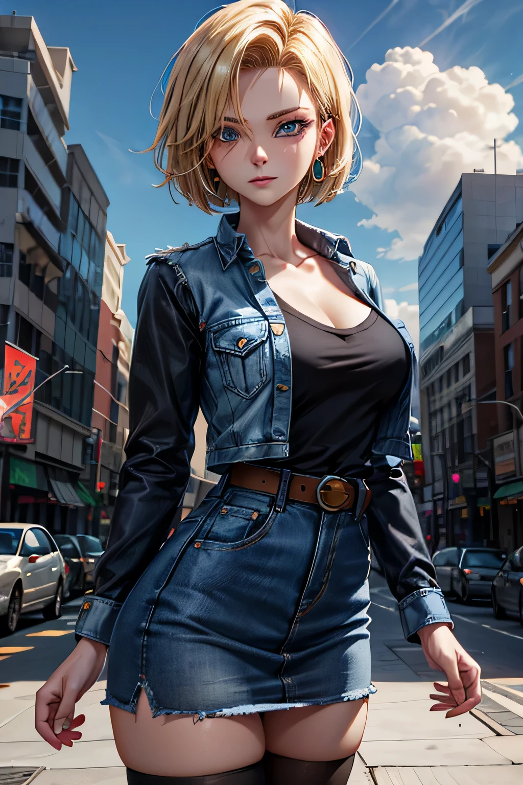 android 18, android 18, blonde hair, blue eyes, eyelash, hoop earrings, short hair, earrings, break belt, black legwear, black shirt, breast pocket, cleavage, clavicle, denim, denim skirt, high-waist skirt, jewelry, long sleeve, pocket, shirt, shirt tucked in, skirt, striped, striped sleeves, waistcoat,, break outdoors, city, null, cloud, sun, break looking at viewer, (cowboy shot:1.5), break (masterpiece:1.2), highest quality, High resolution, unity 8k wallpaper, (shape:0.8), (beautiful and detailed eyes:1.6), highly detailed face, perfect lighting, Very detailed CG, (perfect hands, perfect anatomy)