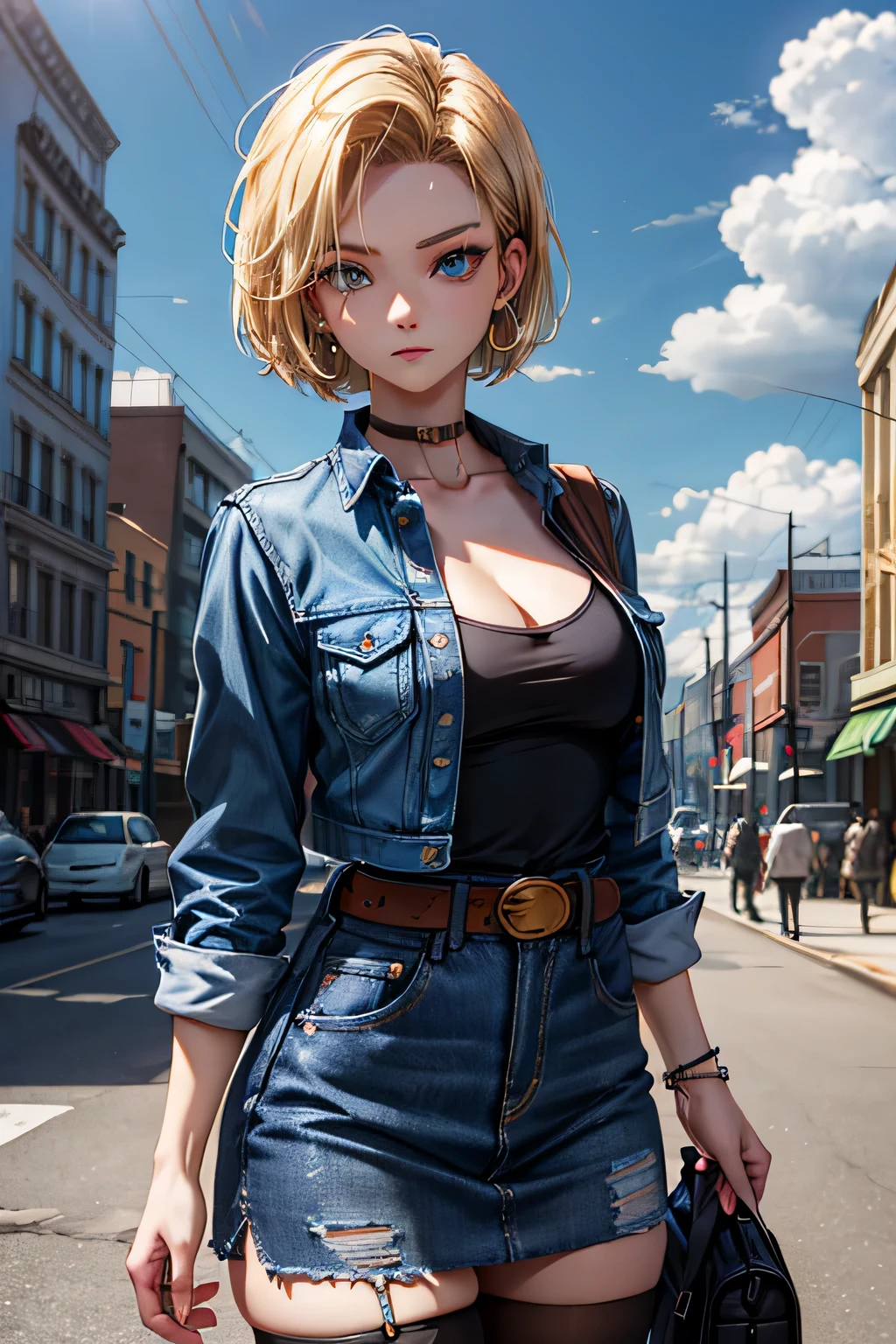 android 18, android 18, blonde hair, blue eyes, eyelash, hoop earrings, short hair, earrings, break belt, black legwear, black shirt, breast pocket, cleavage, clavicle, denim, denim skirt, high-waist skirt, jewelry, long sleeve, pocket, shirt, shirt tucked in, skirt, striped, striped sleeves, waistcoat,, break outdoors, city, null, cloud, sun, break looking at viewer, (cowboy shot:1.5), break (masterpiece:1.2), highest quality, High resolution, unity 8k wallpaper, (shape:0.8), (beautiful and detailed eyes:1.6), highly detailed face, perfect lighting, Very detailed CG, (perfect hands, perfect anatomy)