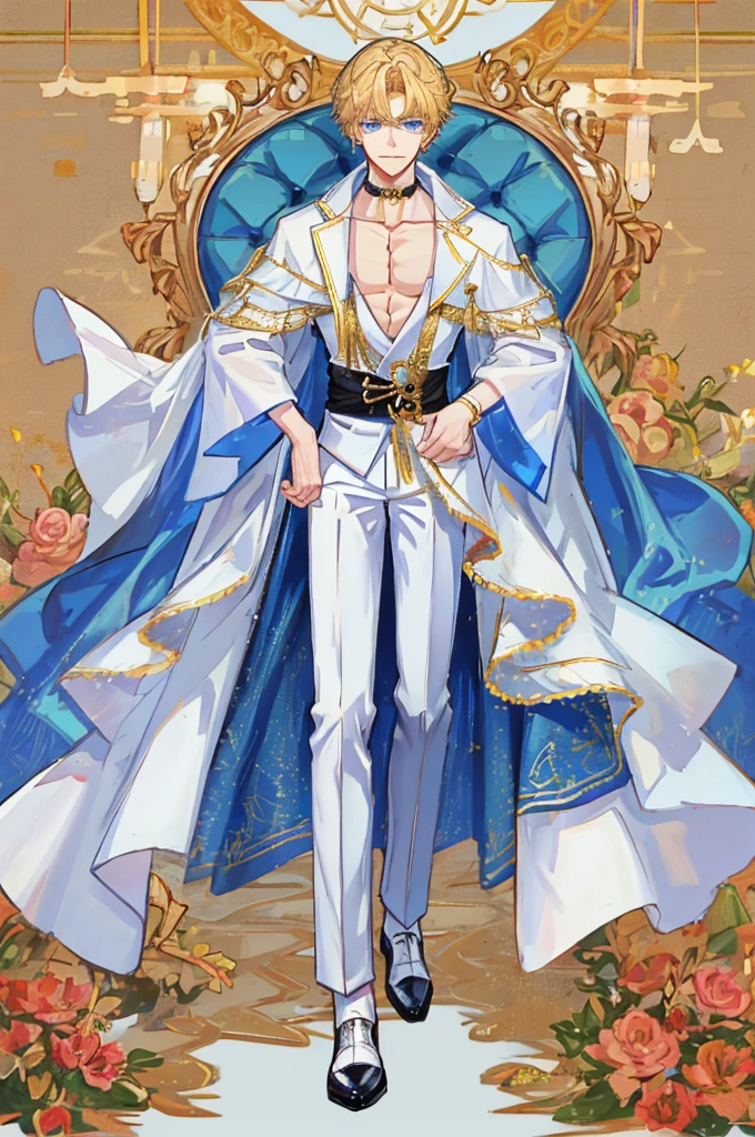 a handsome man,adult,Idol,blond,blue eyes,clavicle,Charming,full-body shot,