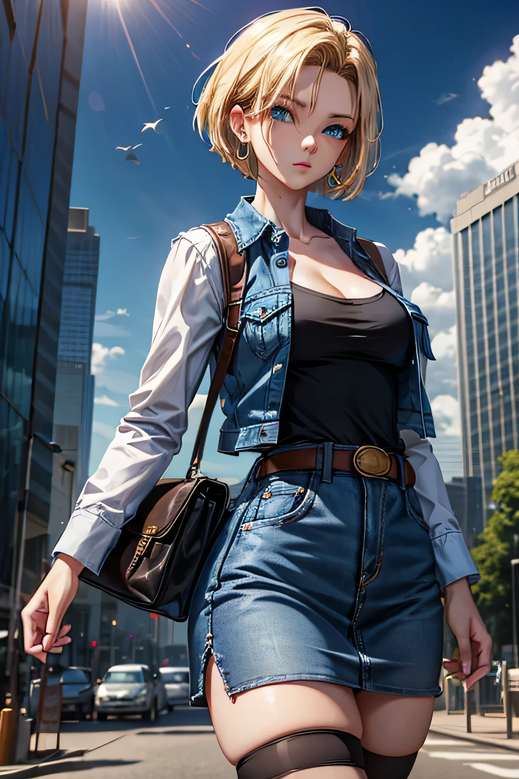 android 18, android 18, blonde hair, blue eyes, eyelash, hoop earrings, short hair, earrings, break belt, black legwear, black shirt, breast pocket, cleavage, clavicle, denim, denim skirt, high-waist skirt, jewelry, long sleeve, pocket, shirt, shirt tucked in, skirt, striped, striped sleeves, waistcoat,, break outdoors, city, null, cloud, sun, break looking at viewer, (cowboy shot:1.5), break (masterpiece:1.2), highest quality, High resolution, unity 8k wallpaper, (shape:0.8), (beautiful and detailed eyes:1.6), highly detailed face, perfect lighting, Very detailed CG, (perfect hands, perfect )