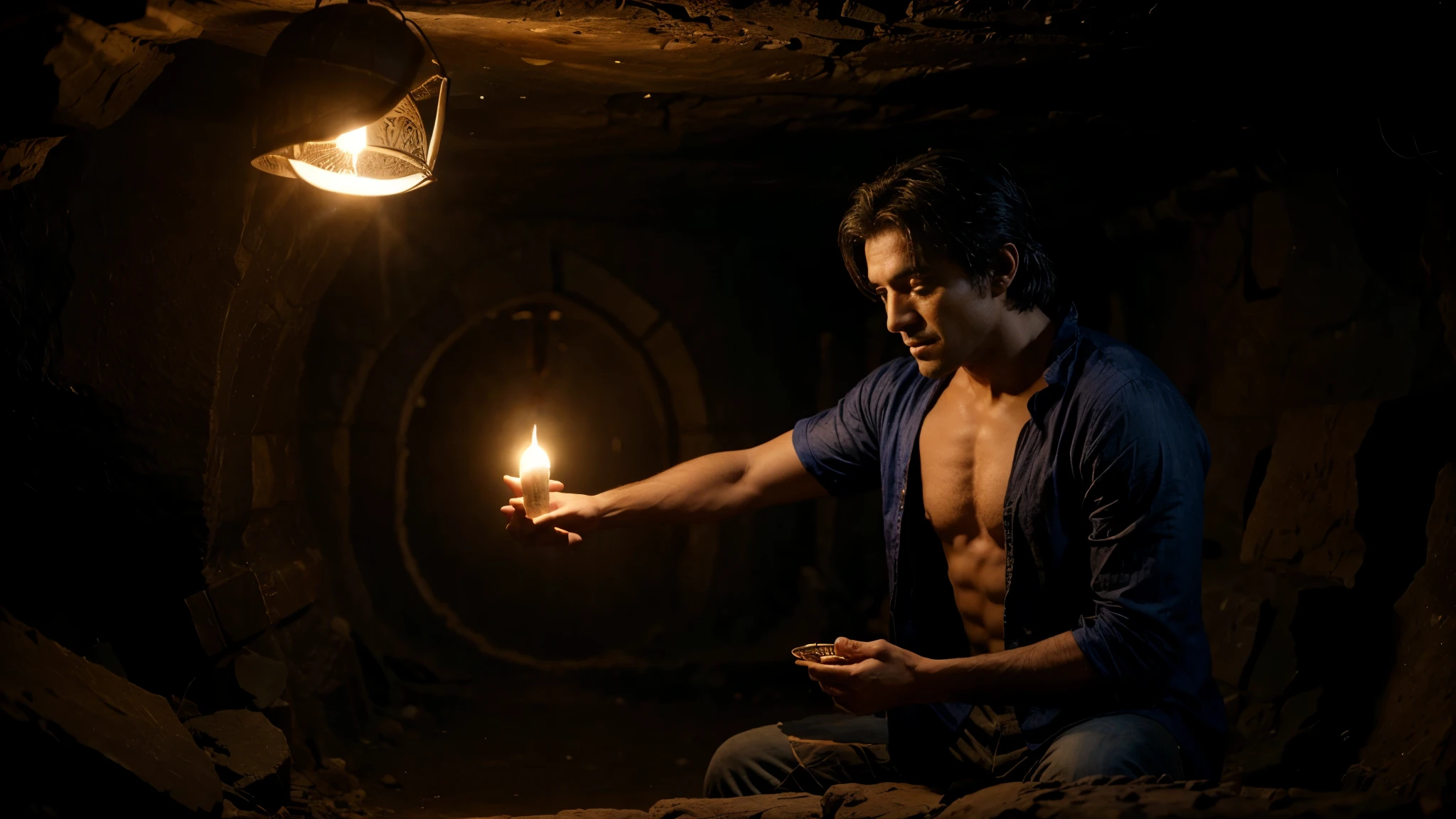 The sorcerer took Aladdin to the entrance of a cave and instructed him to retrieve an old oil lamp hidden inside. Aladdin, being agile and clever, reached the lamp. However, when the sorcerer refused to help him out, Aladdin became trapped in the cave