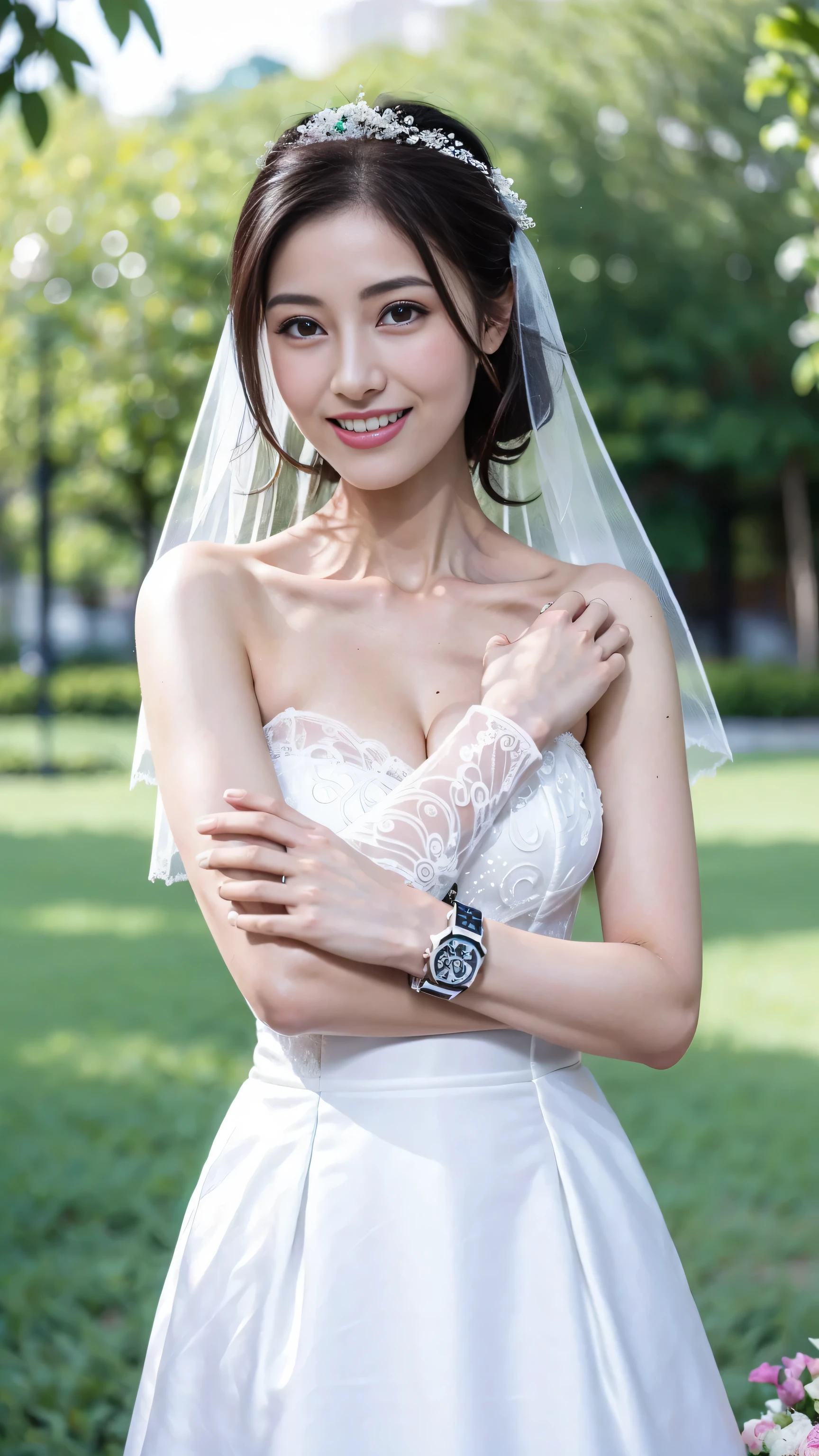 （1 18-year-old female fashion model）， [[[[close up]]]], [[[[]]]], [[[[neck]]]], [[[[Shoulder]]]], perfect eyes, perfect iris，perfect lips，perfect teeth，perfect skin，White skin，Soft headlight，high-density imaging review，girl，((white bridal wedding dress))，((Sexy))，((full))，((exposed))，((bridal hairstyle))，(Various dynamic poses)，(((Excited and satisfied smile)))，The background is green trees and flowers，quality， masterpiece， ultra high resolution，（lifelike： 1.4）， original photo，（超级lifelike细节））， best quality，（pastel colors：1.2）