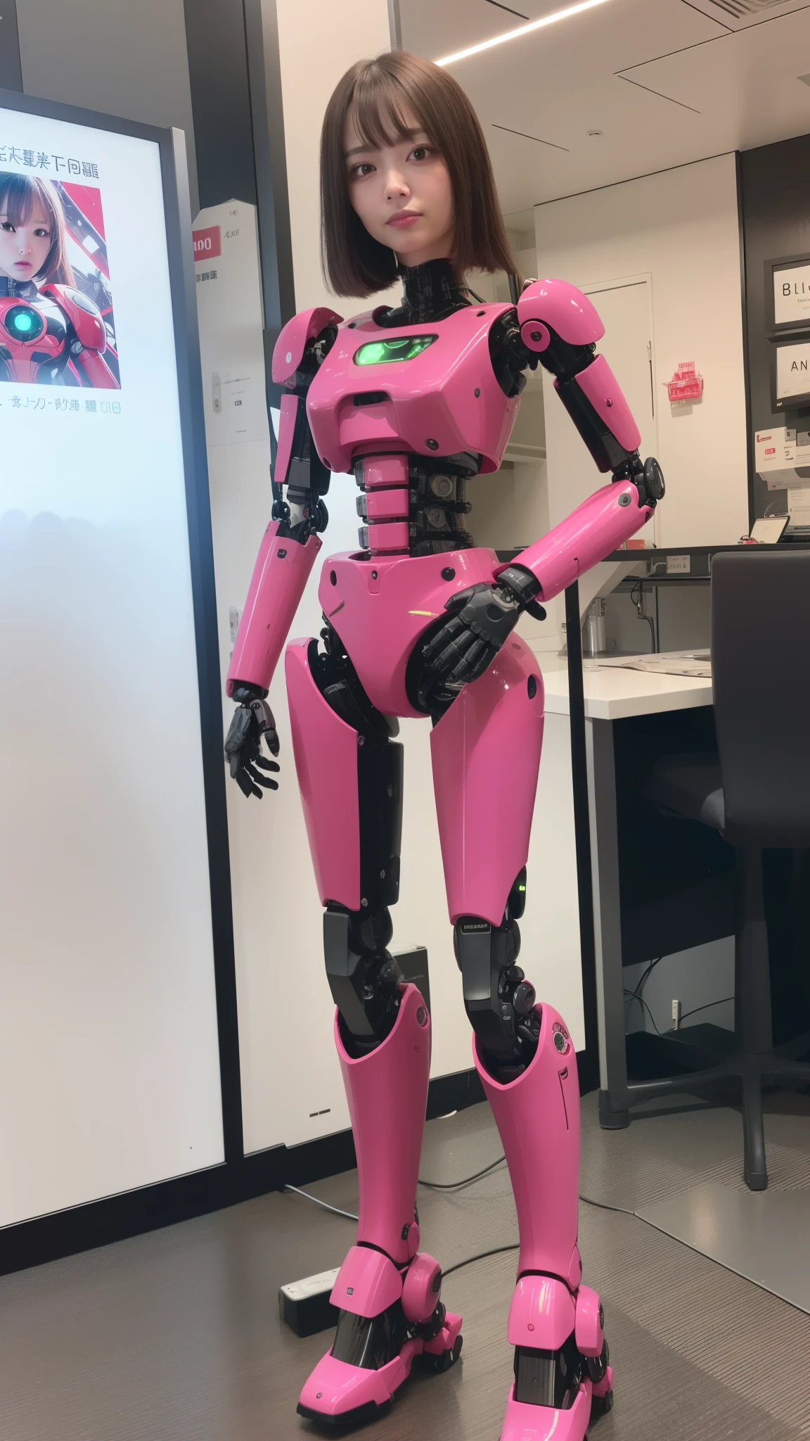 masterpiece, best quality, extremely detailed, (8K, 4K, Best Quality, Hight resolution, 超A high resolution:1.1), 8K portrait,1girl in, Japanese android girl, android teacher, control panels, android, Droid, Mechanical Hand, ,Robot arms and legs, Black hair, Mechanical body, Blunt bangs, Pink Robotics Parts, perfect robot woman, Charging spot, Long Tube, A thick cable was connected to her neck, ceramic body , android, robot humanoid, panty, full eyes, perfect mechanical body, pink robotics body, future assembly plant, Pink body, She has repaired, lack sponge joints, android assembly plant, android, laboratory, platform boots, perfect machine body, pink robot body