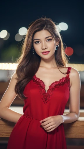 ((Night view, realistic light, best quality, 8k, masterpiece: 1.3)), 1girl, pretty woman with slim figure: (brown hair: 1.3), red dress cut out outside alley,full body, super detailed face, detailed eyes, double eyelids, very realistic , Lens 1.4, chill on couch, open shirt, smiles , long legs, bokeh , Chinese new year costume 
