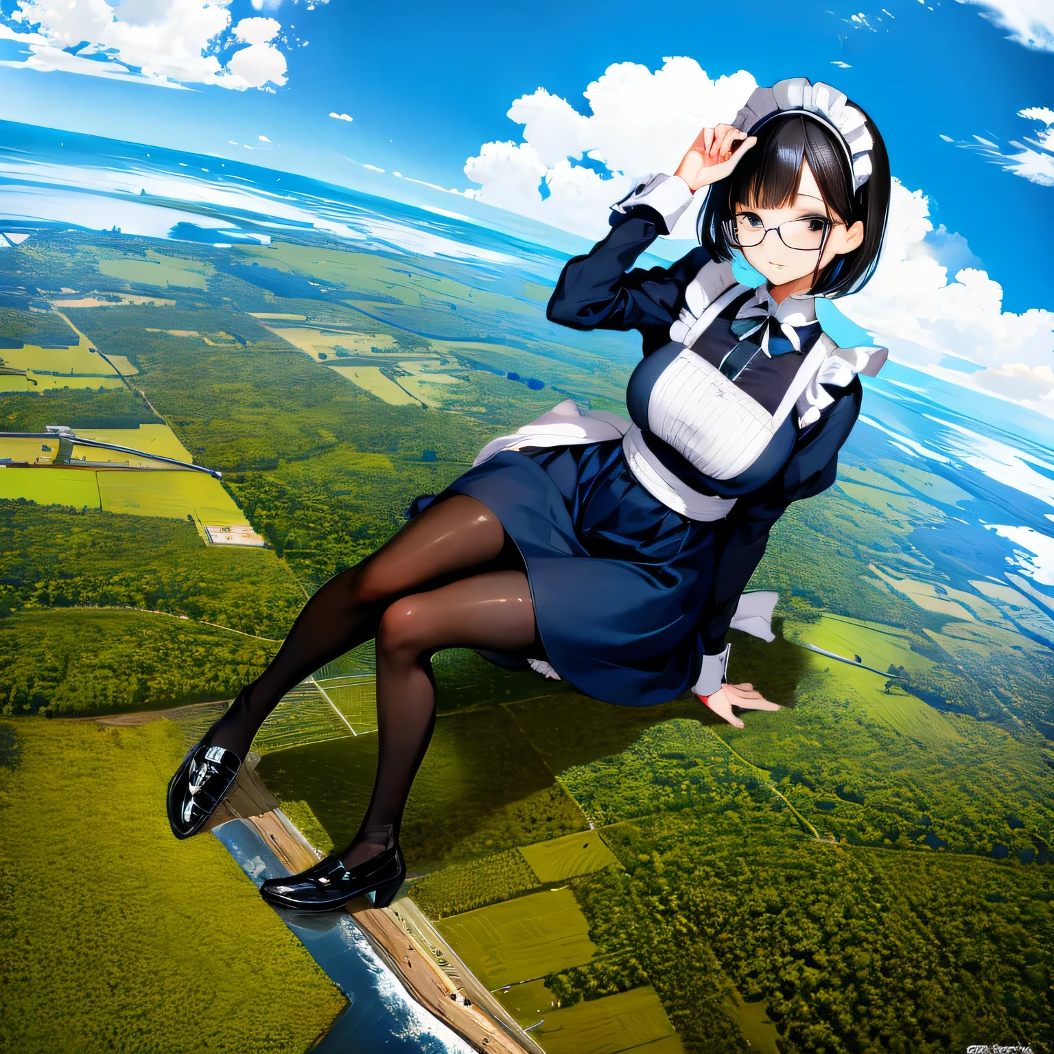 multiple girls, Giantの芸術, 非常に詳細なGiantショット, Giant, short hair, A maid that is much bigger than a skyscraper, wearing rimless glasses, big breasts, big ass, navy maid uniform, black pantyhose, black shoes, very small metropolis, miniature metropolis, crush the big city, A city engulfed in flames, full body description, GTS, ギガGiant, Stomping City, crash city, Small town, micro city, maid,