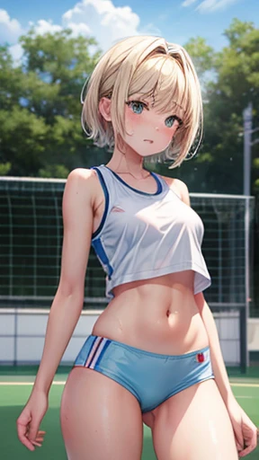 Japanese junior and senior high school girl Athletics Club activities Frontal view of the moment of long jump landing Beautiful girl Blonde Short hair Small breasts Beautiful legs Delicate and beautiful skin White tank top Navel exposed Sweating profusely Hair is wildly disheveled Embarrassed expression