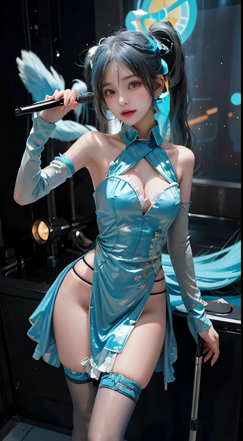 Fusion of music and technology、A beautiful woman on stage captivates with her Hatsune Miku cosplay。She has distinctive turquoise hair and twin tails.、Futuristic style cosplay costume wraps her whole body。Her eyes seem to embody virtual charm.、Make you feel infinite possibilities and energy、Spreading her musical magic to those around her。A futuristic microphone is held in his hand.、Her singing voice echoed throughout the venue.、inviting the audience to an unknown world。Avoid exposing your skin