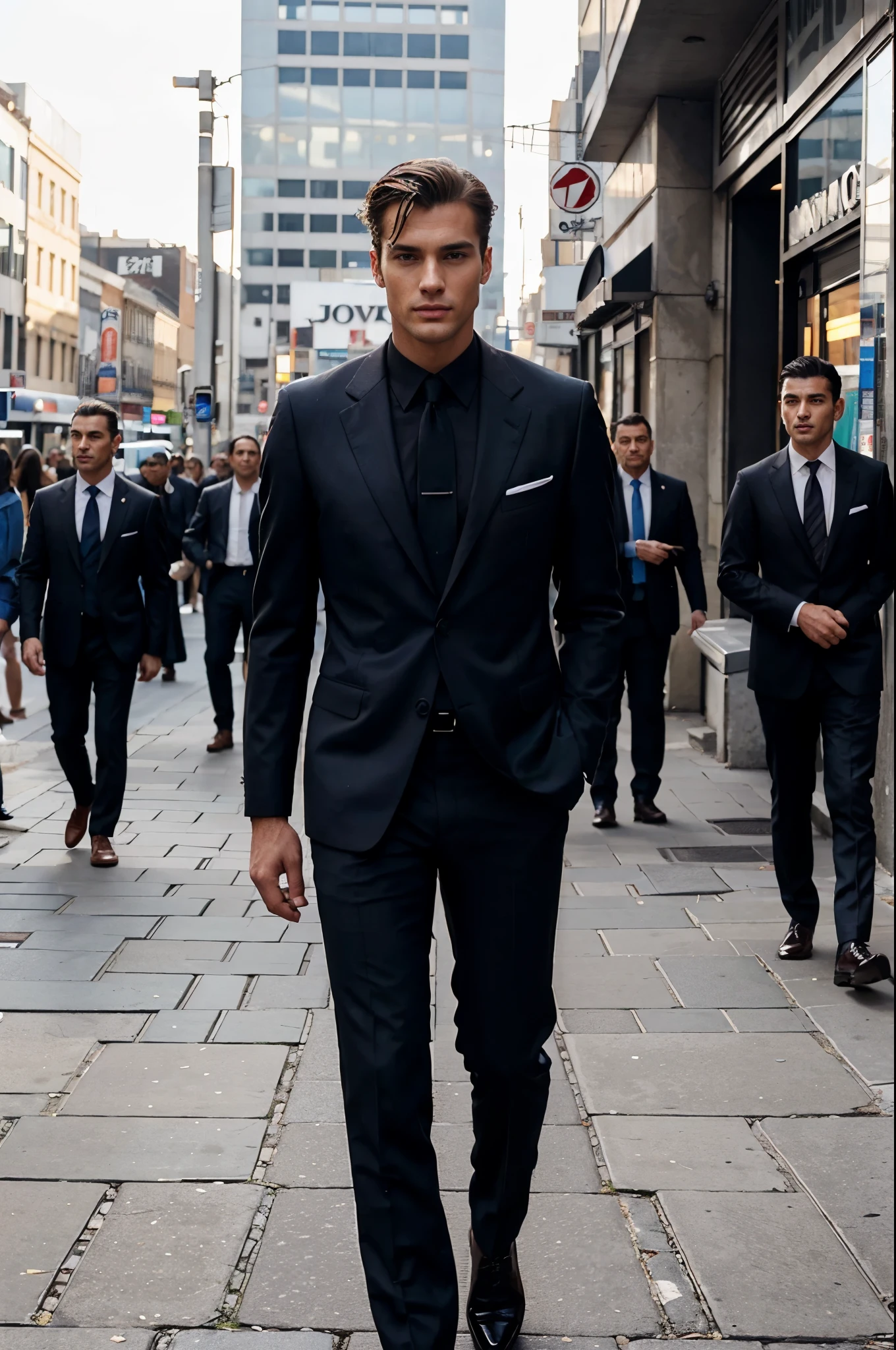 Handsome model in classic armani suit, posing on the streets of a busy town, walking in confidence, perfect details, perfect face, perfect look, hyper realistic