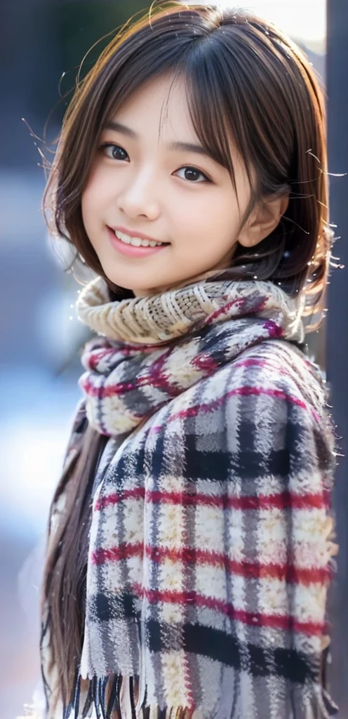 ((show only the face、close up of face、No makeup))、(realistic、Photoreal、super detailed、best detailed skins、highest quality、masterpiece、Super high resolution)、cute japanese woman、17 years old、high school girl、young girl、1 girl、have bangs、double eyelid、drooling eyes、big black eyes、Japanese style face、smile、attractive、purity、cute smile、double teeth、watch here、realistic肌タイプ、thick muffler、Grey muffler、fluffy hair、((hair is inside the scarf:1.3))、red cheeks、the wind is blowing、It's snowing、illumination、Light is shining from behind