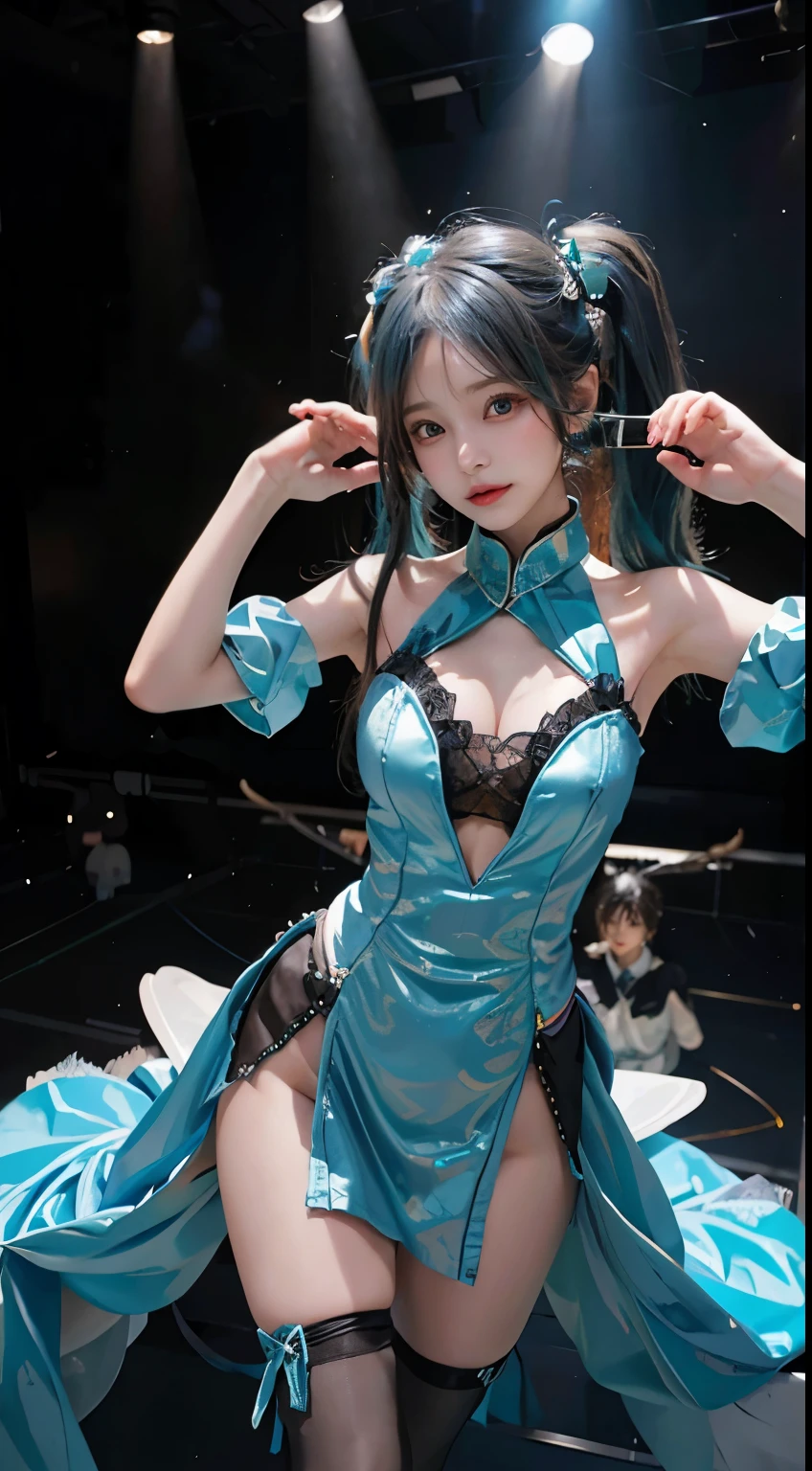 Fusion of music and technology、A beautiful woman on stage captivates with her Hatsune Miku cosplay。She has distinctive turquoise hair and twin tails.、Futuristic style cosplay costume wraps her whole body。Her eyes seem to embody virtual charm.、Make you feel infinite possibilities and energy、Spreading her musical magic to those around her。A futuristic microphone is held in his hand.、Her singing voice echoed throughout the venue.、inviting the audience to an unknown world。