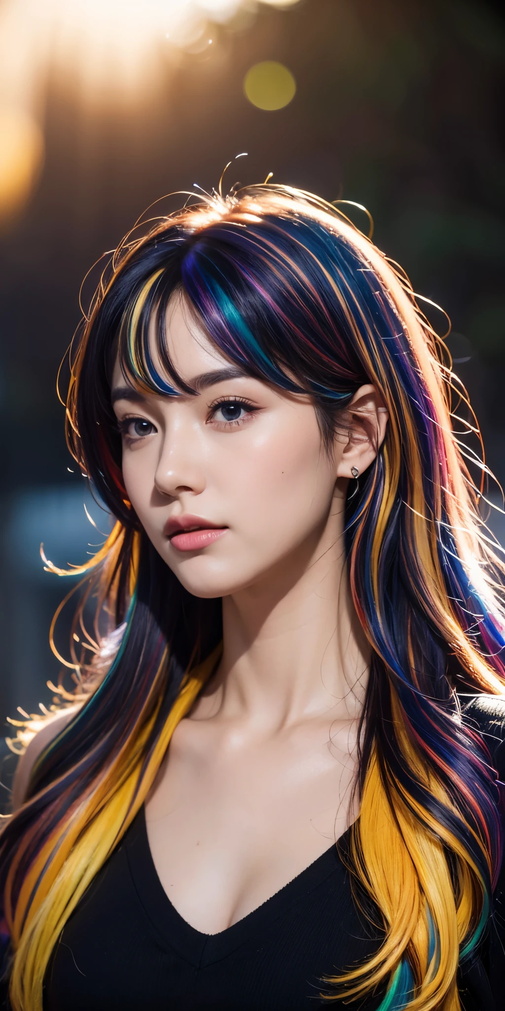 {{masterpiece}}, highest quality, Highly detailed CG Unity 8K wallpaper, cinematic lighting, Lens flare, beautiful detailed eyes, black, side line, multi-colored hair, colorful light, particle, heterochromia, (colorful:1.5), (colorful hair:1.5),
