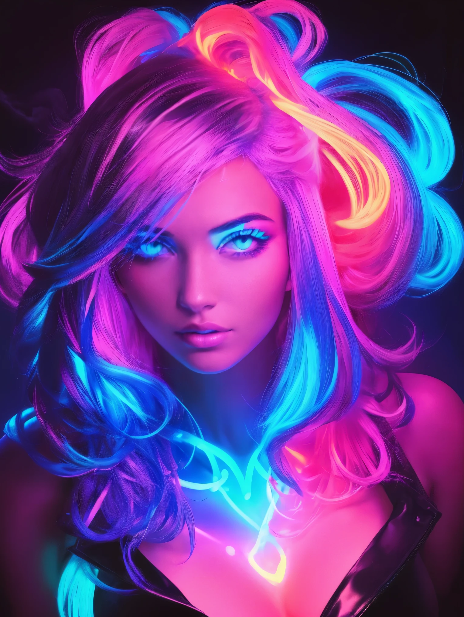 Blacklight on an ultra hot gorgeous European woman, age 23, she’s a playmate, men magazine model. neon, led ,colorful , glowing eyes , beautiful face ,very beautiful , artistic glowing smoke blended with the hair