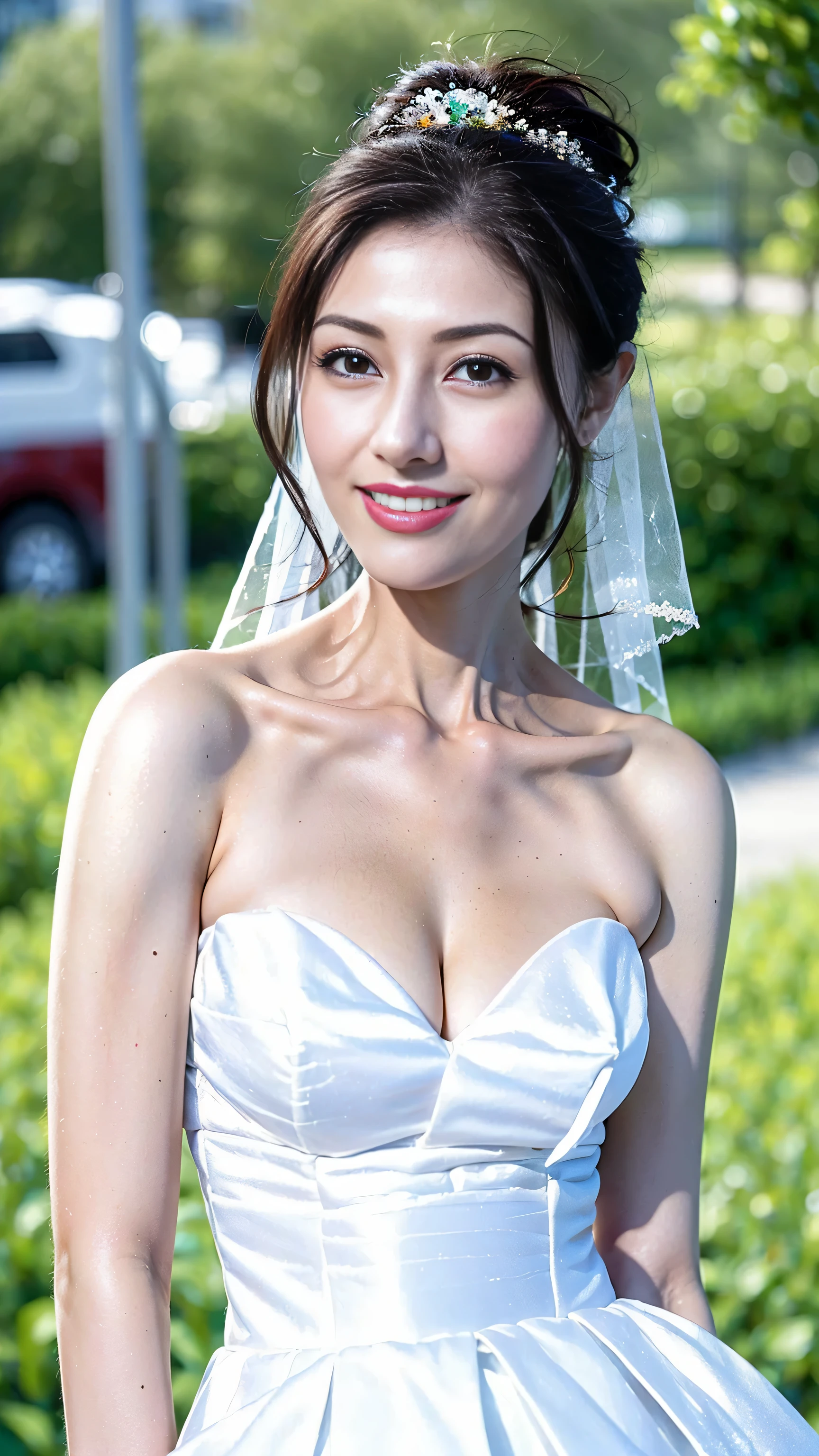 （1 18-year-old female fashion model）， [[[[close up]]]], [[[[]]]], [[[[neck]]]], [[[[Shoulder]]]], perfect eyes, perfect iris，perfect lips，perfect teeth，perfect skin，White skin，Soft headlight，high-density imaging review，girl，((white bridal wedding dress))，((Sexy))，((full))，((exposed))，((bridal hairstyle))，(Various dynamic poses)，(((Excited and satisfied smile)))，The background is green trees and flowers，quality， masterpiece， ultra high resolution，（lifelike： 1.4）， original photo，（超级lifelike细节））， best quality，（pastel colors：1.2）