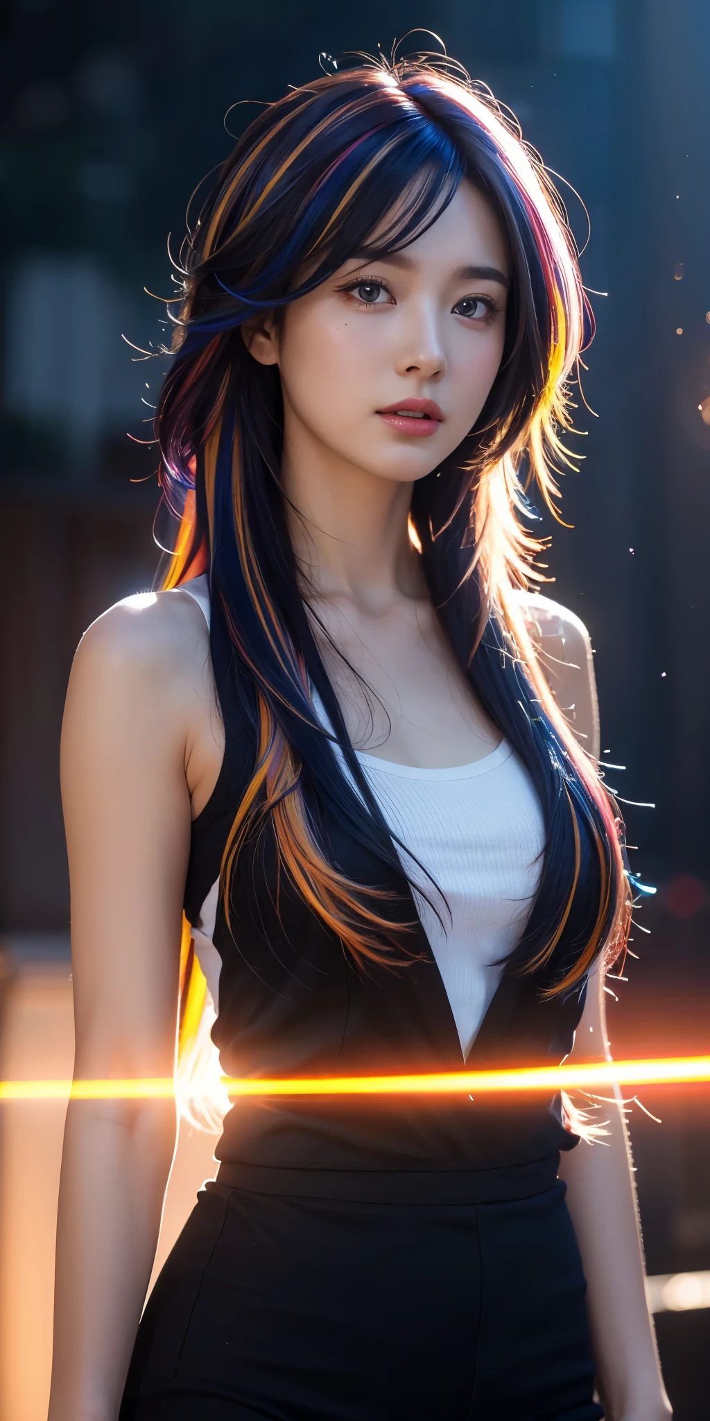 {{masterpiece}}, highest quality, Highly detailed CG Unity 8K wallpaper, cinematic lighting, Lens flare, beautiful detailed eyes, black, side line, multi-colored hair, colorful light, particle, heterochromia, (colorful:1.5), (colorful hair:1.5),
