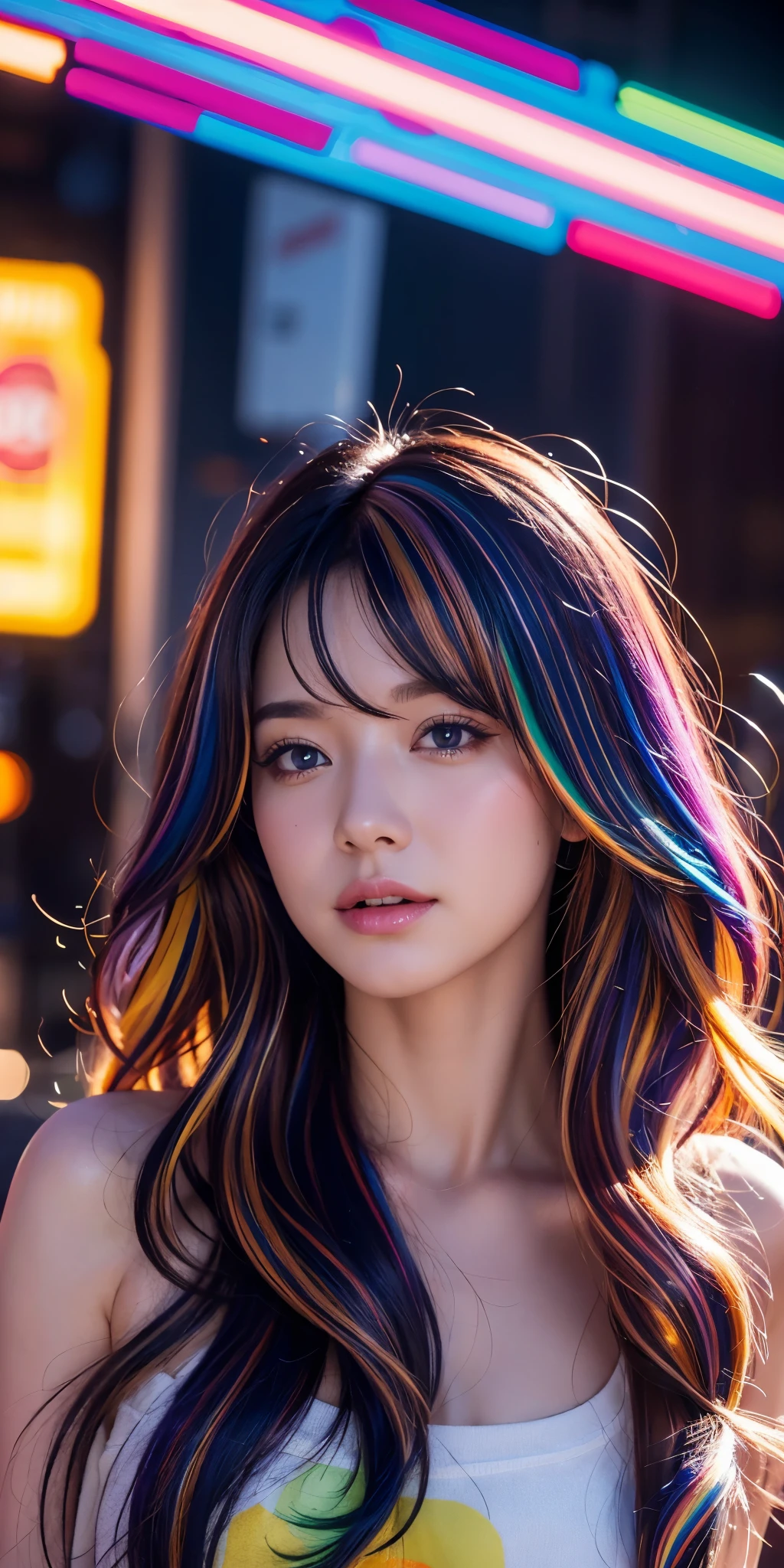 {{masterpiece}}, highest quality, Highly detailed CG Unity 8K wallpaper, cinematic lighting, Lens flare, beautiful detailed eyes, black, side line, multi-colored hair, colorful light, particle, heterochromia, (colorful:1.5), (colorful hair:1.5),
