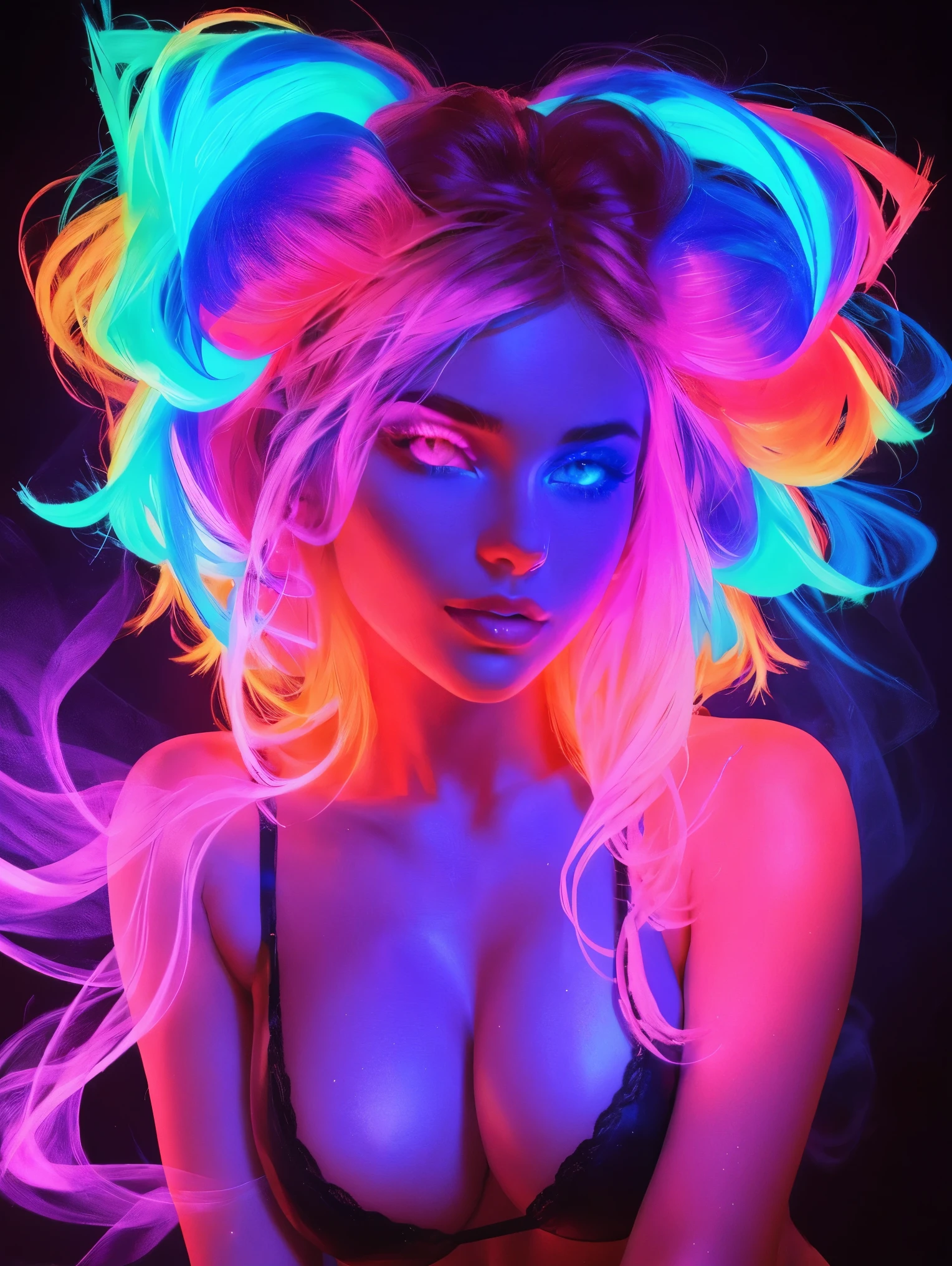 Blacklight on an ultra hot gorgeous European woman, age 23, she’s a playmate, men magazine model. neon, led ,colorful , glowing eyes , beautiful face ,very beautiful , artistic glowing smoke blended with the hair