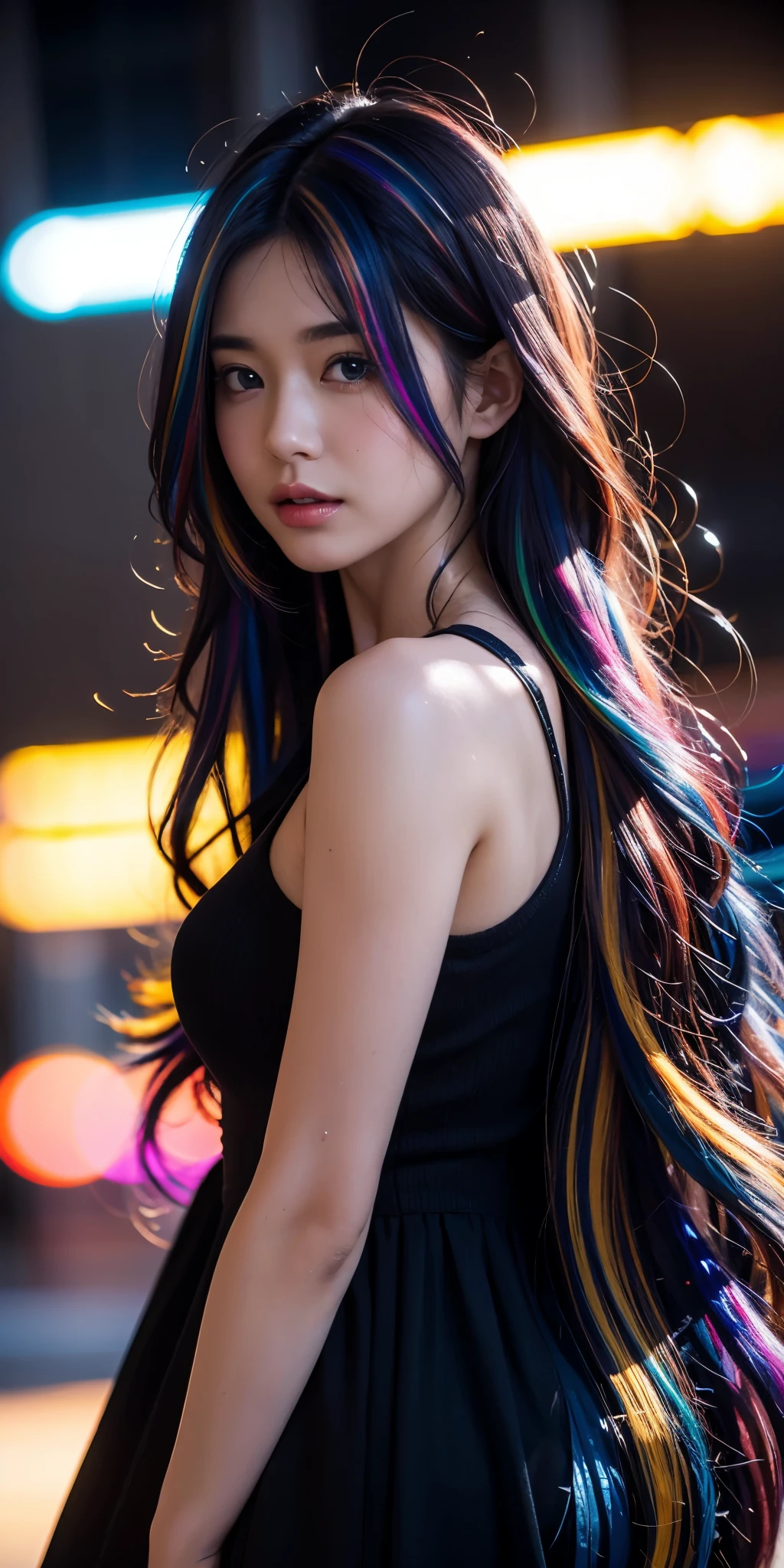 {{masterpiece}}, highest quality, Highly detailed CG Unity 8K wallpaper, cinematic lighting, Lens flare, beautiful detailed eyes, black, side line, multi-colored hair, colorful light, particle, heterochromia, (colorful:1.5), (colorful hair:1.5),
