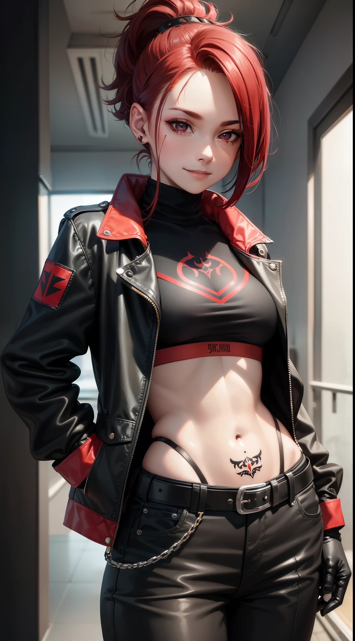 young girl, Short black and red hair, high ponytail, gray eyes, Smile, open belly, black trousers, red jacket, tie, belts, fetters, Tatoo, iron gloves, face tattoos, Masterpiece, hiquality, 4k, HD, Good detail