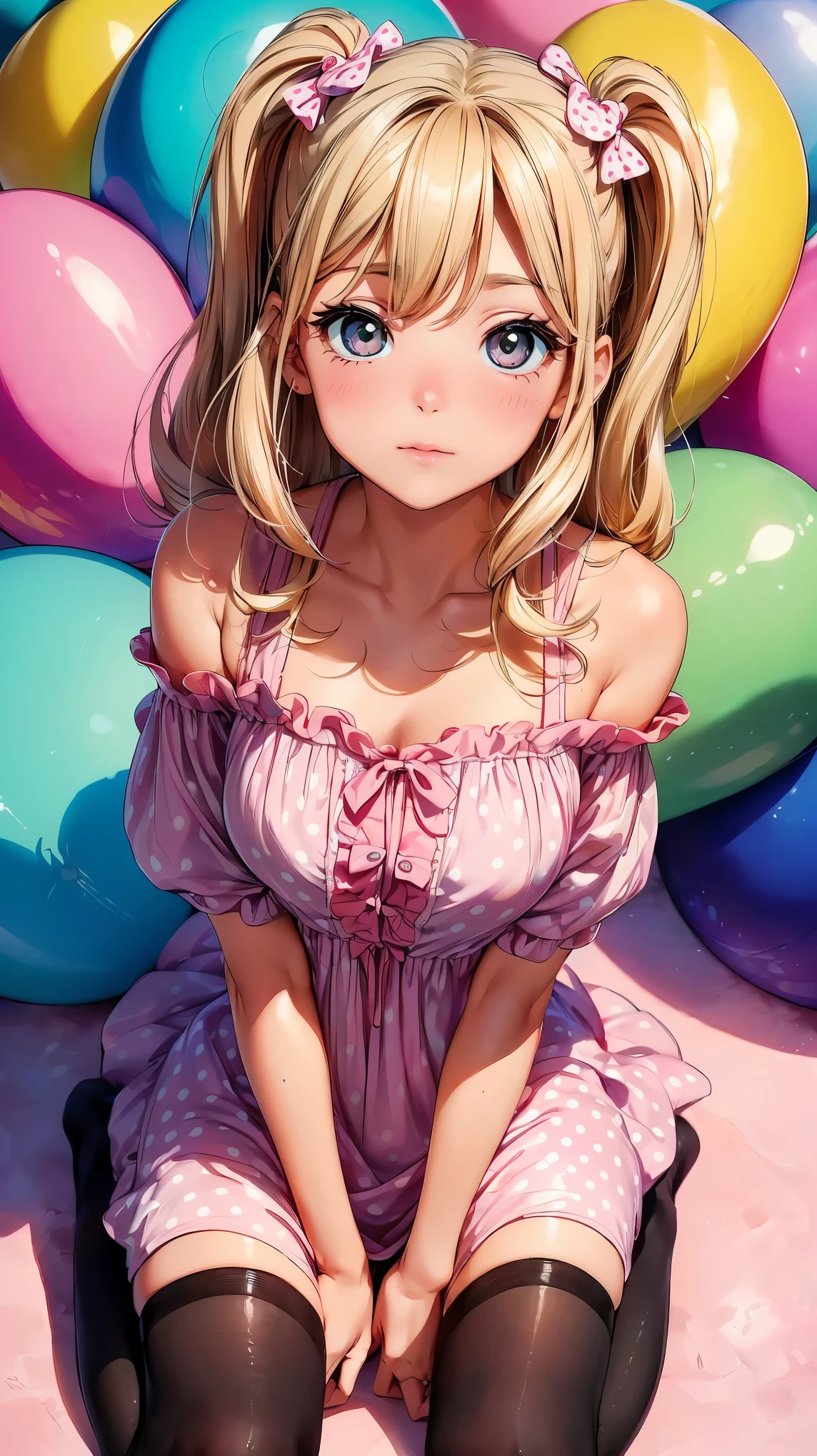 (8K, RAW photo, highest quality, masterpiece:1.2), High-definition RAW color photo, Professional photography, cinematic light, (((young woman)), (Big eyes), (small face), (high detail skin:1.2), cute face, beautiful appearance, pop art、sitting:1.2, pretty girl、spread your legs, female masturbation, フリルのドレスを着たpretty girl、colorful、Large、Comic-Style Eye、Bright colors、pastel colour、playful expression、detailed clothing, off shoulder, pinup style、puff sleeves、Polka Dot Dress、Retro hairstyles, blush、pouting pose、Excited pose、bubblegum pink background, A large number of balloons fill the background, Striped stockings、incandescent light、shine、pop art スタイル, Whimsical、interesting、cheerful style、