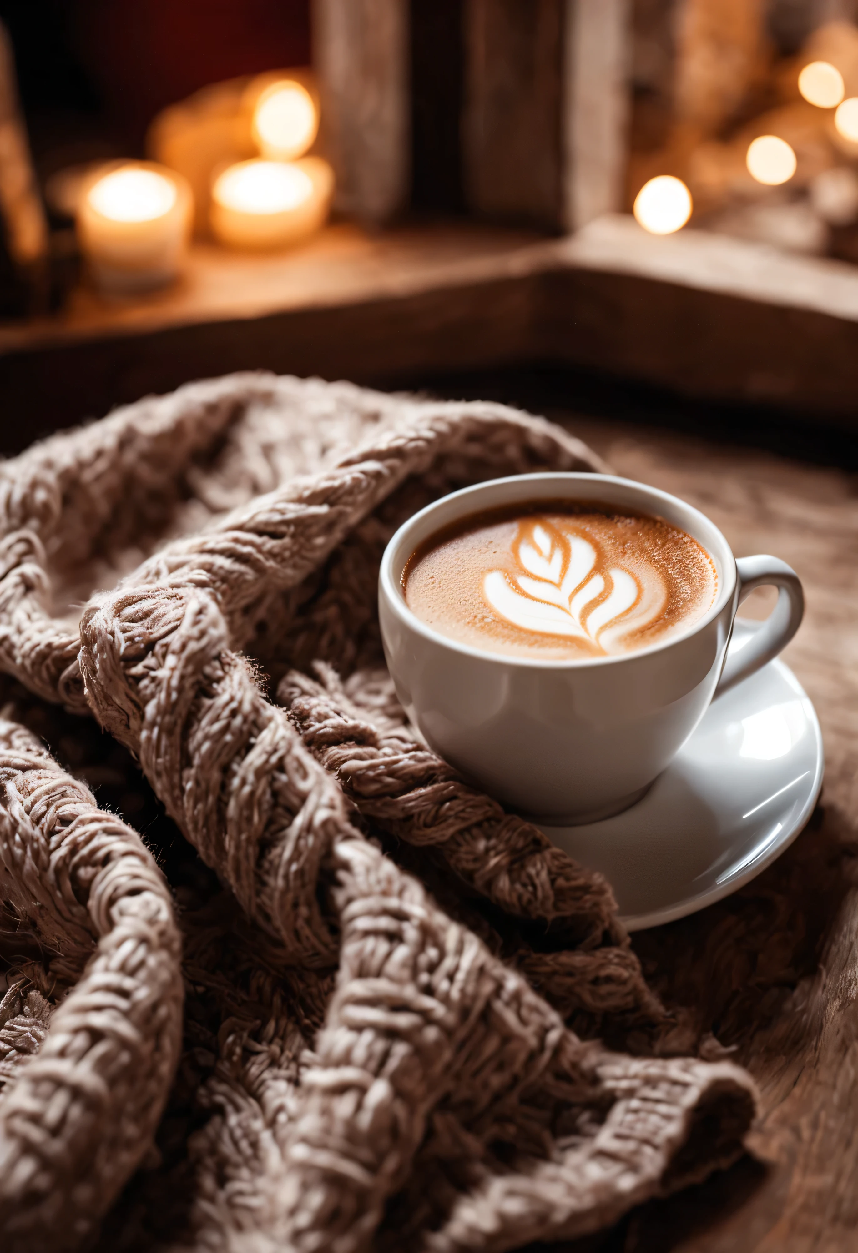 Red knitted scarf criss-crossing a cup of hot drink(Wrap Cup 3/1 place), 热气腾腾的coffee, full of 热气腾腾的coffee, 热coffee, night的心情,bokeh background. coffee, cold, soft - Warmnight时间, night的气氛, winter environment, and a cup of hot chocolate, cold的 weather, comfortable, cold的, Warm, afterwards, comfortable的气氛.cold的的night.cold的 night mood, comfortable平静, Relax, .(best quality,4K,8k,high resolution,masterpiece:1.2),super detailed,(actual,photoactual,photo-actual:1.37),coffee在白色陶瓷杯中微微冒烟.ultra high definition, anatomically correct, masterpiece, best qualityUHD, precise, anatomically correct, best quality, masterpiece(night.warm light)