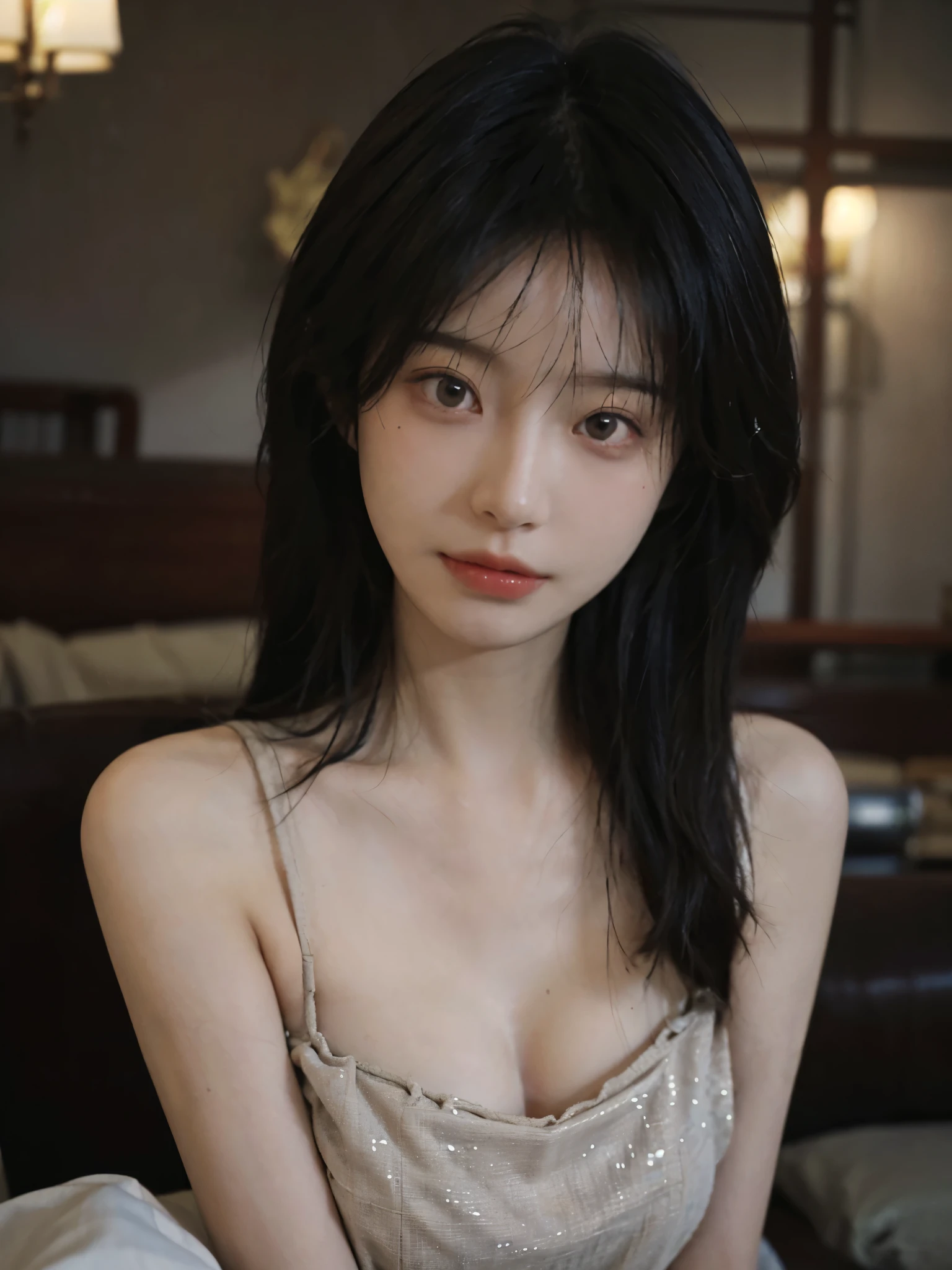 Film portrait photography, 1 girl, bare shoulders, Shoulder length wavy hair, serene, calm, (Realistic and detailed eyes, natural skin texture, Realistic facial details), Soft dramatic lighting, depth of field, Bokeh,cleavage， Vibrant details, Detailed and detailed, Surrealism, 35mm film, hazy, ,