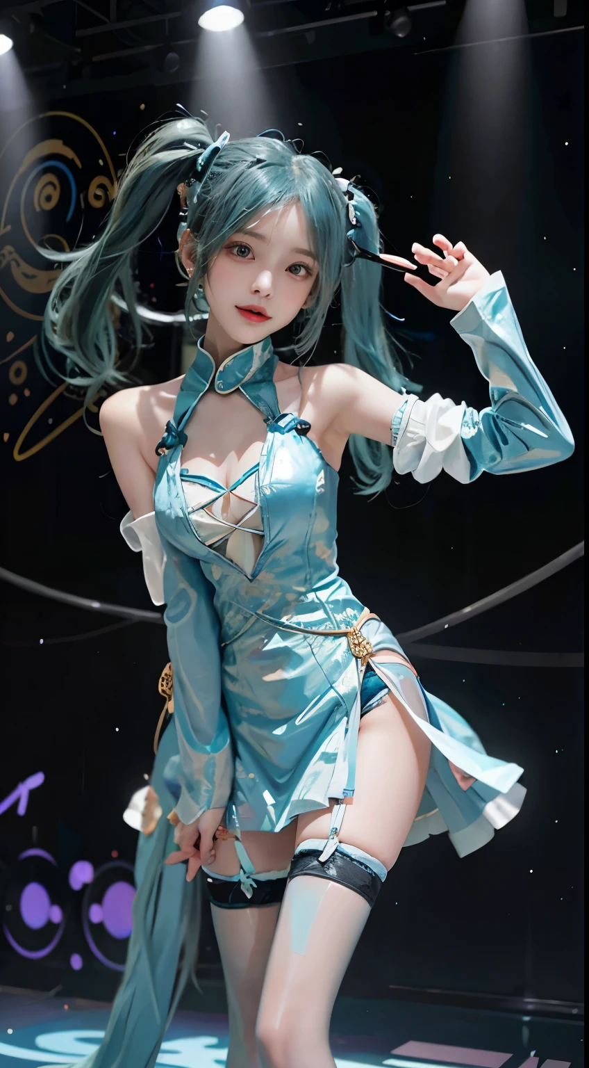 Fusion of music and technology、A beautiful woman on stage captivates with her Hatsune Miku cosplay。She has distinctive turquoise hair and twin tails.、Futuristic style cosplay costume wraps her whole body。Her eyes seem to embody virtual charm.、Make you feel infinite possibilities and energy、Spreading her musical magic to those around her。A futuristic microphone is held in his hand.、Her singing voice echoed throughout the venue.、inviting the audience to an unknown world。