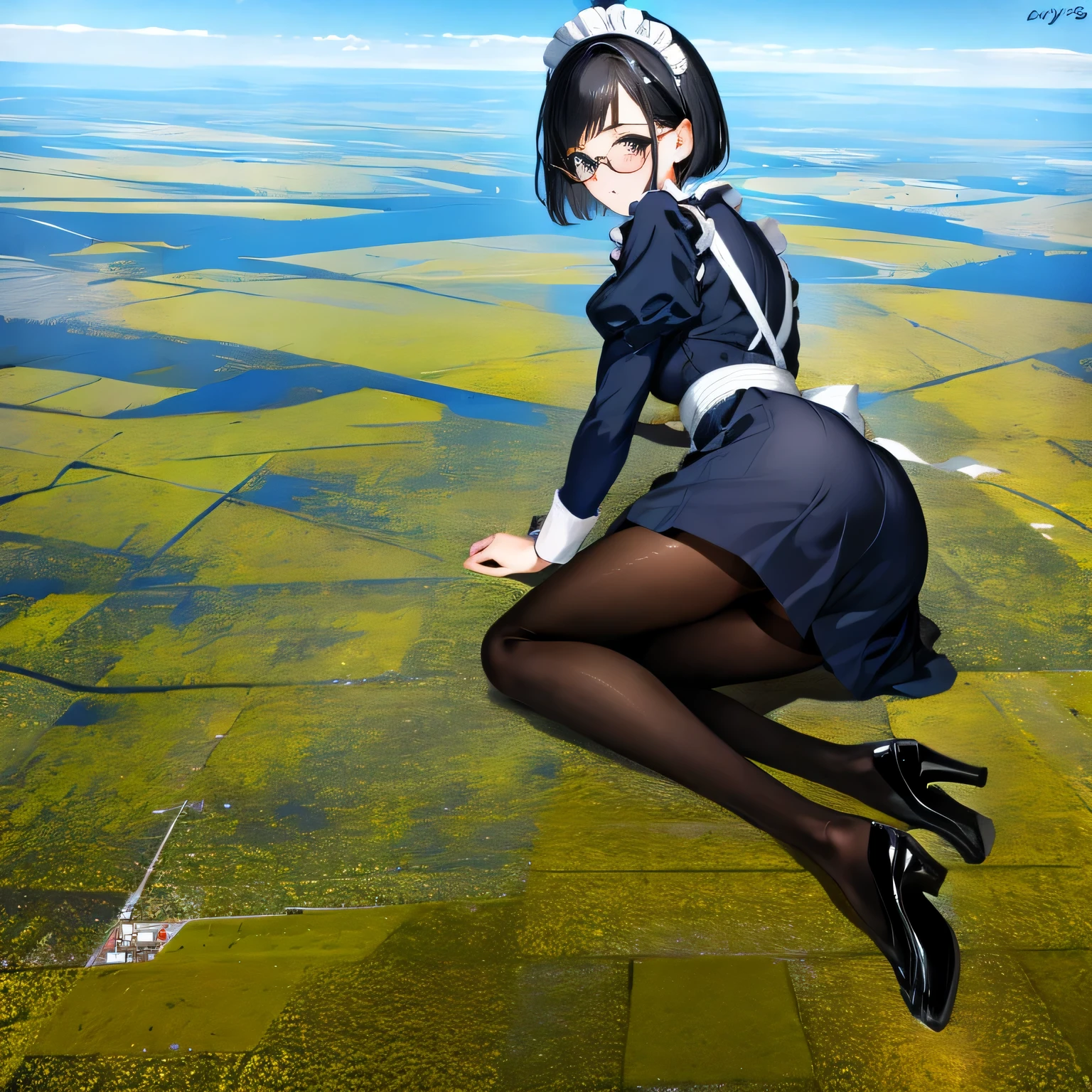 Giantの芸術, 非常に詳細なGiantショット, Giant, short hair, Two huge beautiful girls that are bigger than a skyscraper, wearing rimless glasses, big breasts, big ass, maid服, black pantyhose, pantyhose barefoot, Steam comes out from the soles of the feet, very small metropolis, miniature metropolis, crush the big city, full body description, GTS, ギガGiant, stomping city, crash city, small town, micro city, High resolution, highest quality, masterpiece, maid,