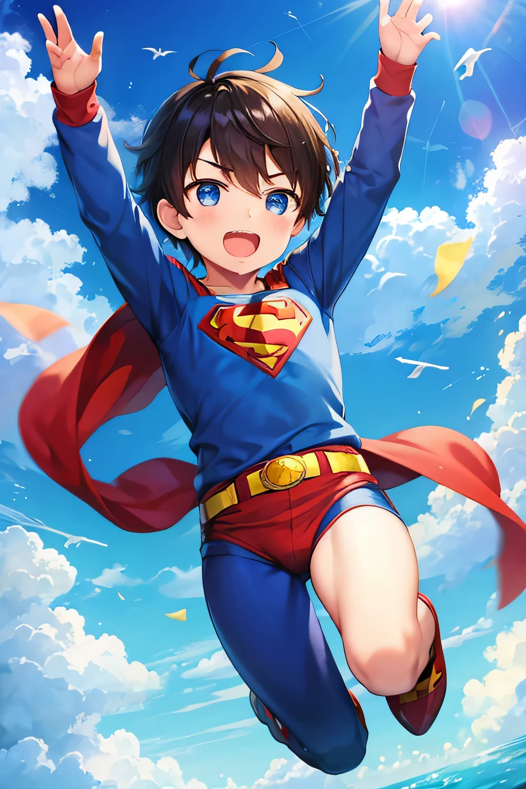 1boy, cute, flying like superman