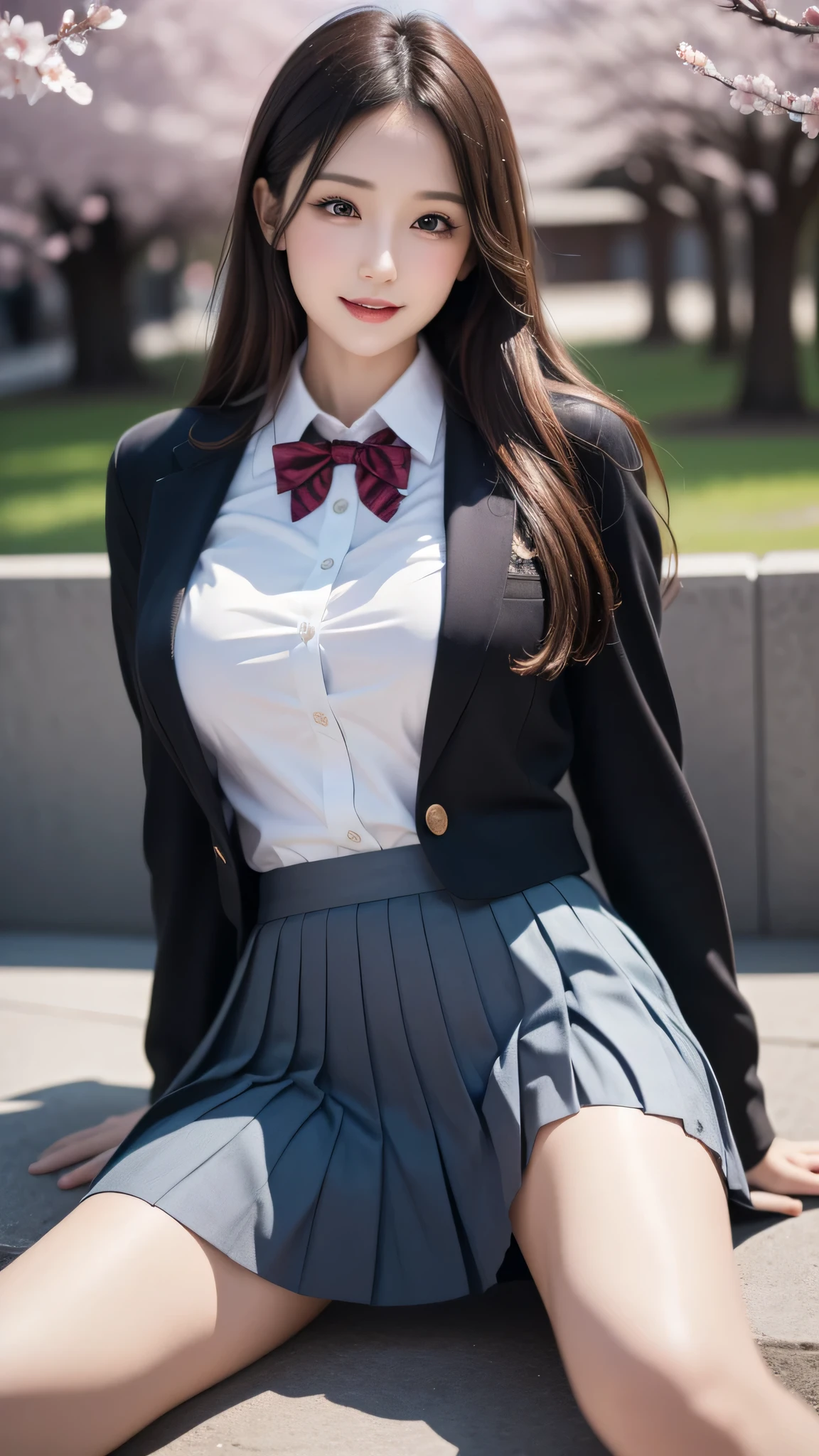 ((high quality)), ((8k)), (detailed face), (highlight), female、Big breasts、bangs、black hair、plaid skirt、blazer、red to black、