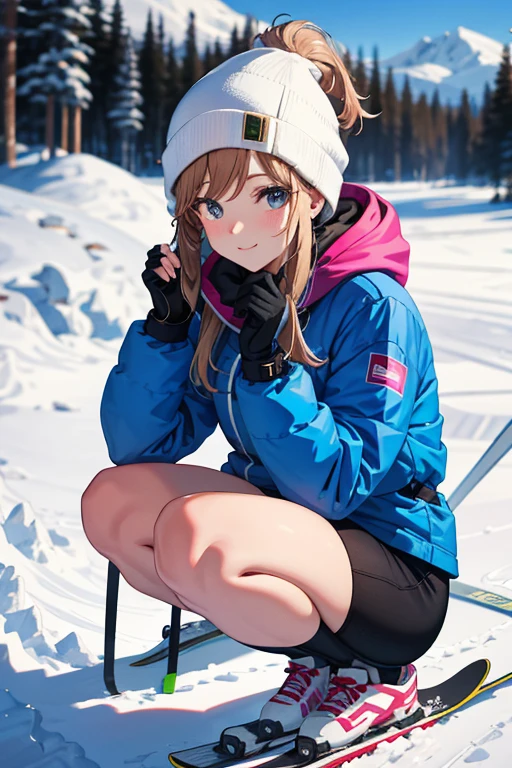 Skiers、beautiful mature woman、squat