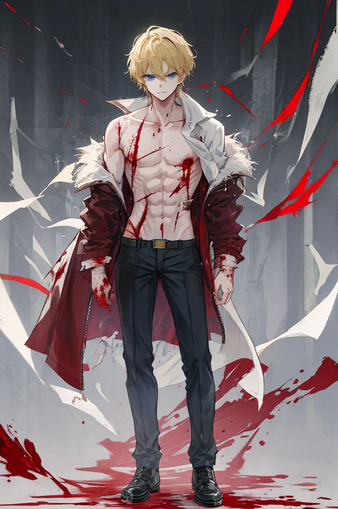 a handsome man,adult,Idol,blond,blue eyes,clavicle,Injuried,wounds,a little bit of blood,full-body shot,