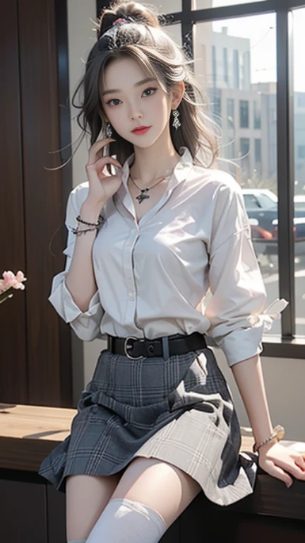 highest quality，masterpiece，HD，大师masterpiece，Extreme details，Cinematic light，girl，（red phoenix eye），necklace，Silvery-white curls，full，（White plaid collared shirt），（Delicate belt），（skirt），（short skirt），（（black knee socks））， Pear blossom hair ornaments，Beautiful hair accessories，Star stud earrings，Blue bracelet，tie，water mist，water droplets，broken feeling，Exquisite facial features，Delicate depiction of facial features，Exquisite Hair，exquisite eyes，8K quality，CG rendering，Straight long legs，Extreme figure，full