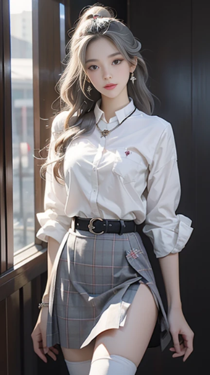 highest quality,masterpiece,HD,大师masterpiece,Extreme details,Cinematic light,girl,(red phoenix eye),necklace,Silvery-white curls,full,(White plaid collared shirt),(Delicate belt),(skirt),(short skirt),((black knee socks)), Pear blossom hair ornaments,Beautiful hair accessories,Star stud earrings,Blue bracelet,tie,water mist,water droplets,broken feeling,Exquisite facial features,Delicate depiction of facial features,Exquisite Hair,exquisite eyes,8K quality,CG rendering,Straight long legs,Extreme figure,full