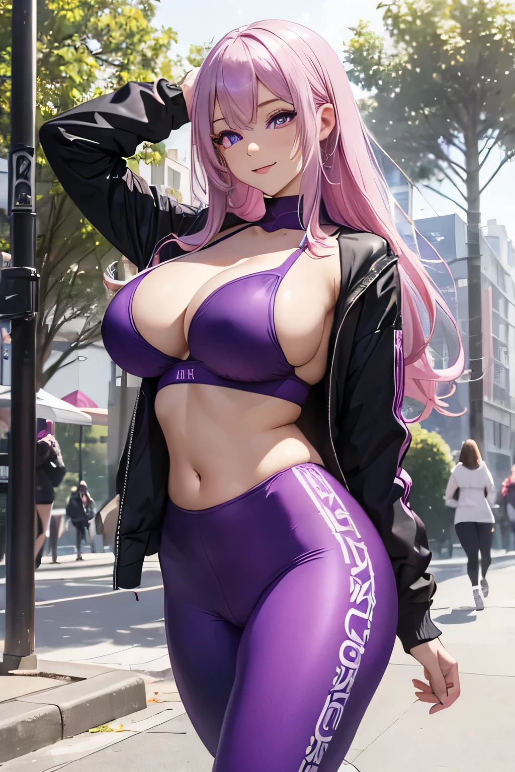 (Meisterwerk, runden_Iris, extremely crisp crystalline shiny purple Augen, perfekt_Anatomie, extremely_Fesselnd_hypnotisch_Mystiker_Augen, ) perfekt face, langes, babyrosa Haar, Smiling Evil, big , Leggins tragen, wearing a soft pink bra, Tragen einer offenen Jacke, sexy dynamische Pose, Joggen im Freien, park backgrunden, best quality