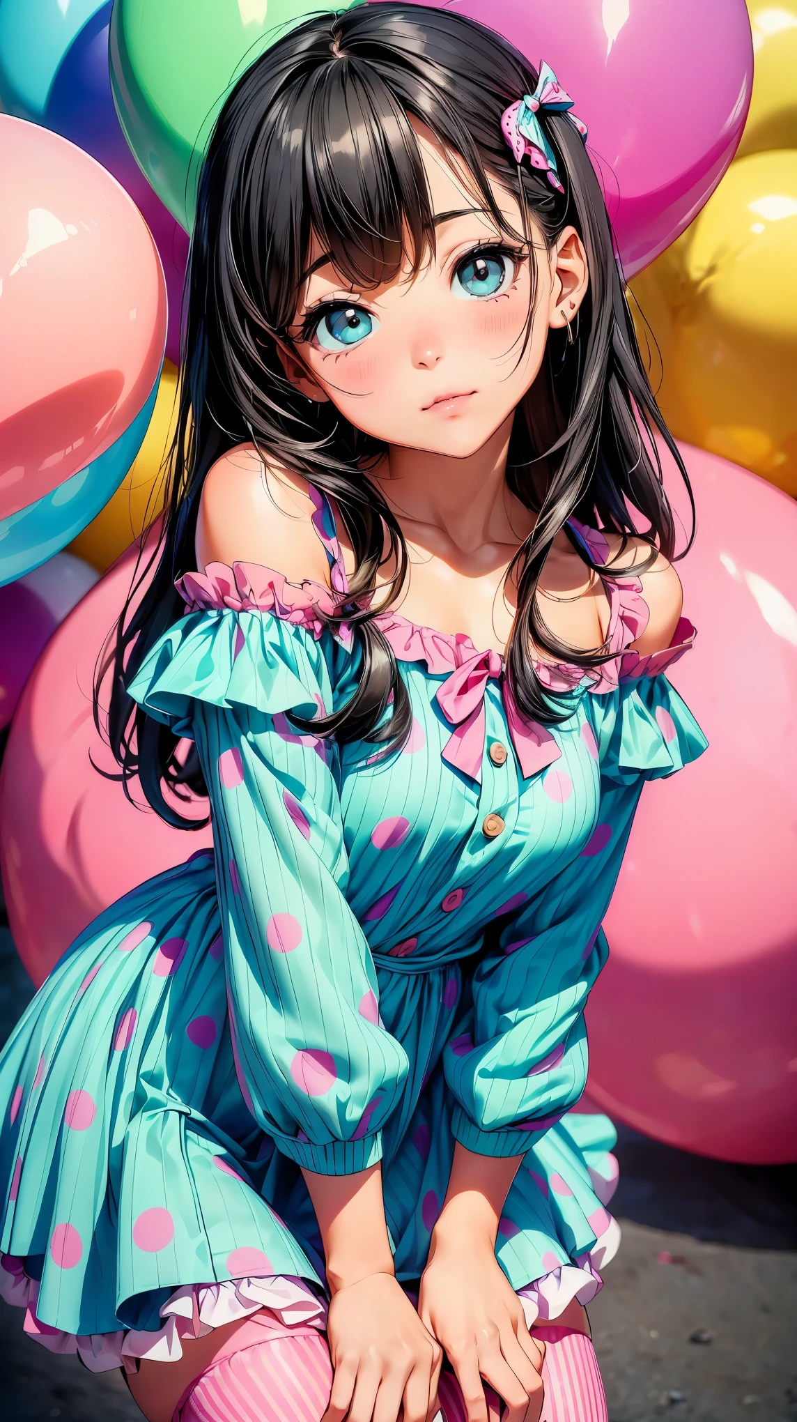 (8K, RAW photo, highest quality, masterpiece:1.2), High-definition RAW color photo, Professional photography, cinematic light, (((young woman)), (Big eyes), (small face), (high detail skin:1.2), cute face, beautiful appearance, pop art、Leaning forward:1.2, pretty girl、upward glance, フリルのドレスを着たpretty girl、colorful、Large、Comic-Style Eye、Bright colors、pastel colour、playful expression、detailed clothing, off shoulder, pinup style、puff sleeves、Polka Dot Dress、Retro hairstyles, blush、pouting pose、Excited pose、bubblegum pink background, A large number of balloons fill the background, Striped stockings、incandescent light、shine、pop art スタイル, Whimsical、interesting、cheerful style、