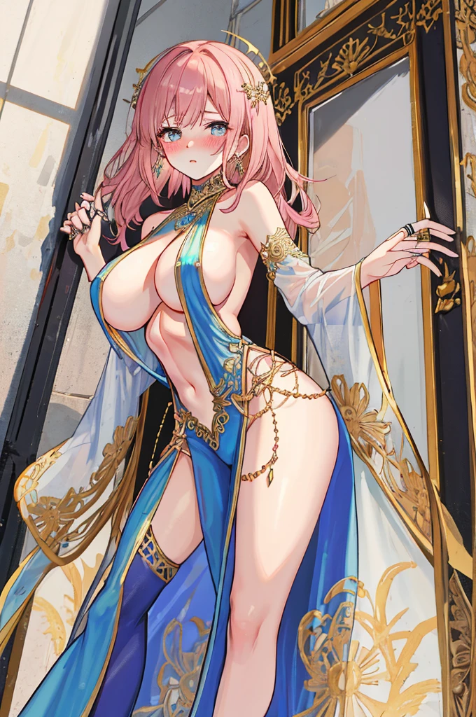 A woman with big ,clavicle,romantic long dress,Prominent and smooth underboob,exquisite,Intricate details,pubic,innominate bone,(blush:1.2),leg rings,weak,modern studio