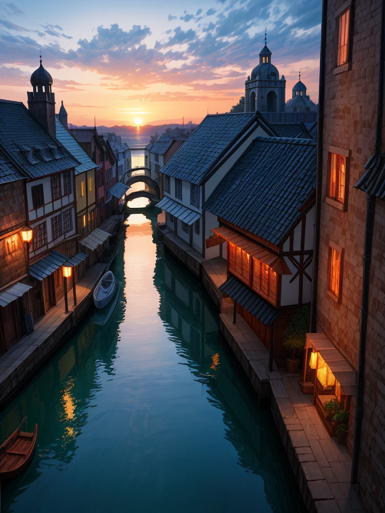 (((masterpiece、Highest image quality、highest quality、highly detailed unity 8kwallpaper)))、sunset、medieval port town