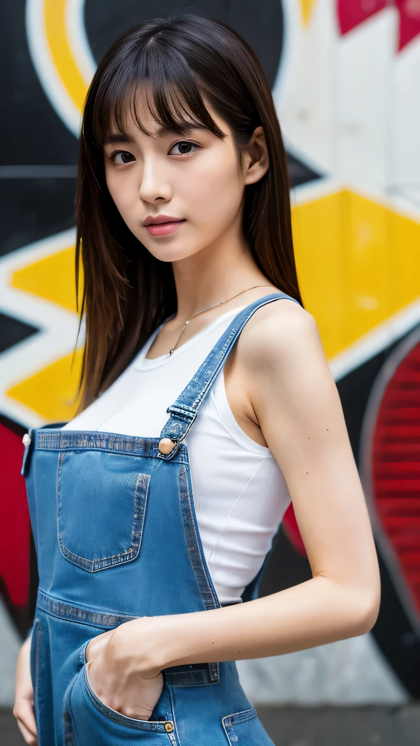 (half body shot), hyper realism, (Photoreal:1.4), 8K, maximum resolution, (masterpiece), very detailed, highest quality, sophisticated facial features, The most beautiful woman in Japan, Detailed beautiful eyes and lips, Canon R5 50mm, Nogizaka, (japanese idol:1.3), big breasts, casual denim jumpsuit, With confidence, Relaxed, Urban street atmosphere, Wall full of graffiti,