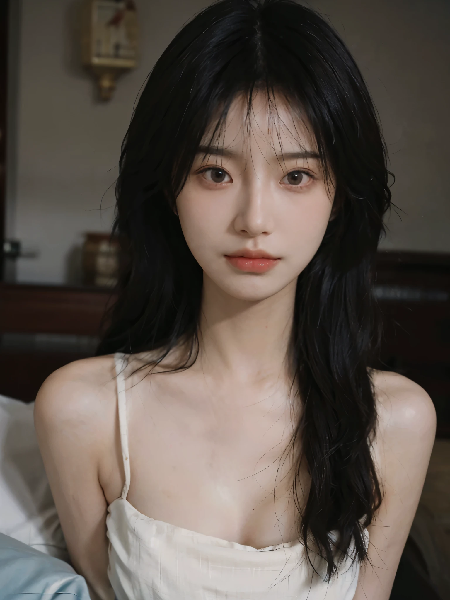 Film portrait photography, 1 girl, bare shoulders, Shoulder length wavy hair, serene, calm, (Realistic and detailed eyes, natural skin texture, Realistic facial details), Soft dramatic lighting, depth of field, Bokeh,cleavage, Vibrant details, Detailed and detailed, Surrealism, 35mm film, hazy, ,