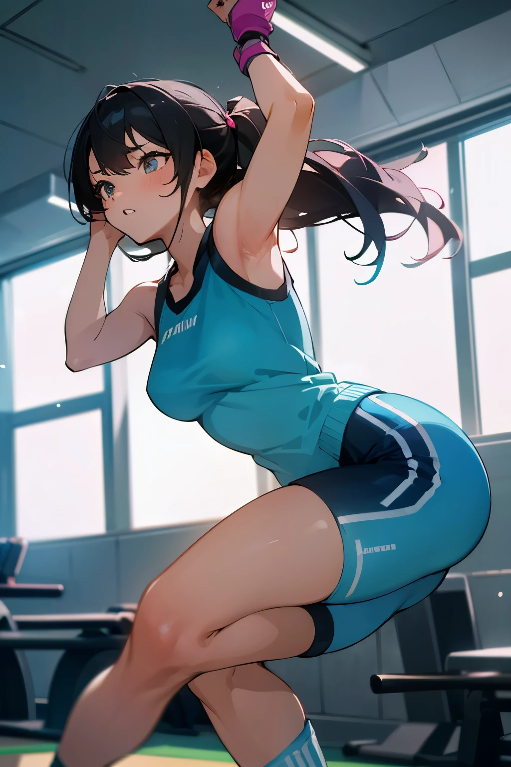 Energetic, high-quality photo of a young, Innocent idol-styled woman in her 30s, wearing
sporty fitness attire, in a modern gym setting, action shot capturing a moment of
intense workout, vibrant colors, well-lit environment, conveying health and vitality.