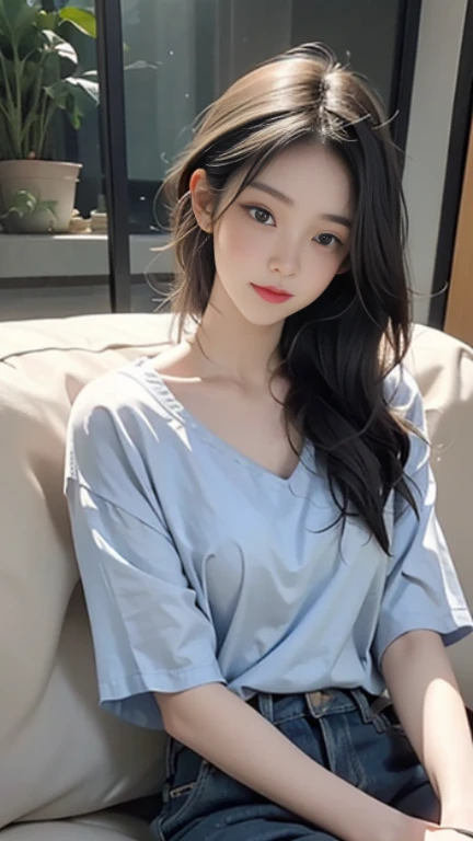 high quality,pretty girl,Sitting on the sofa exquisitely,Gauze blue top,