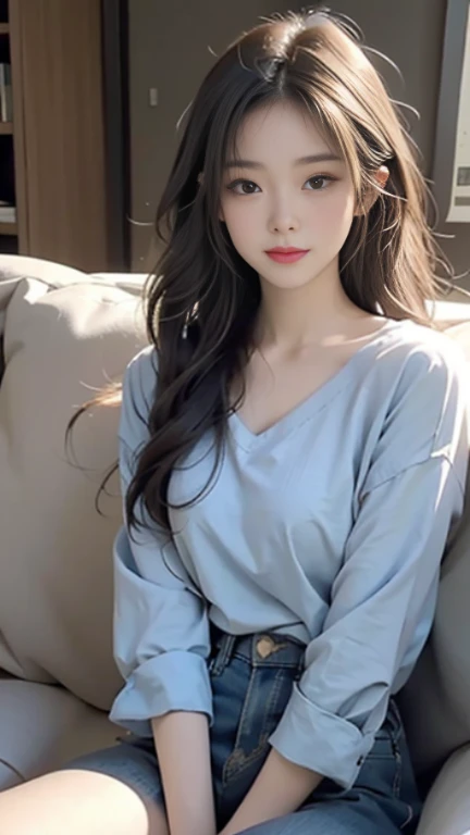 high quality,pretty girl,Sitting on the sofa exquisitely，Gauze blue top,