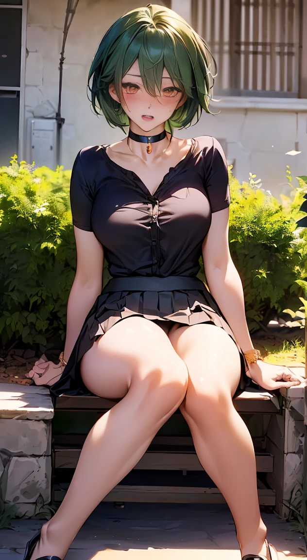 (masterpiece:1.2, highest quality), (realistic, photorealistic:1.4), beautiful illustrations,
looking at the viewer, whole body, Front view:0.6,
1 female, 24-years-old, Japanese, ((green hair:1.5, short hair:1.4)), bangs, hair between eyes, ((height: 166cm, medium breasts:1.6, toned waist, big ass))
beautiful hair, beautiful face, beautiful and detailed eyes, (orange eyes:1.3), beautiful clavicle, beautiful body, beautiful breasts, beautiful thighs, beautiful feet, beautiful fingers, perfect anatomy:1.3, perfect anatomy
(theme park)
((theme parkのキャストコスチューム:1.5, choker:1.6)), black panties:1.6,
((Grasp the hem of the skirt with your right hand, Put your left hand on your chest, sit with legs apart:1.3)),
(Look at the viewer while blushing:1.3), ((NFSW:1.3))