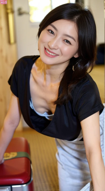 ((史上類を見ないmasterpiece、highest quality、woman, grin and laugh、erotic lingerie、sexy lingerie、down blouse、(leaning forward:1.3)、(oversize tshirt、Loose-fitting T-shirt、Low Cut T-Shirt:1.2)、(highest quality、8K、32K、masterpiece)、(Detailed bra)、Japanese、squat、bright smile、one's home、blurred background、close up of chest、shot from above、entrance、skirt、joined、Receiving luggage