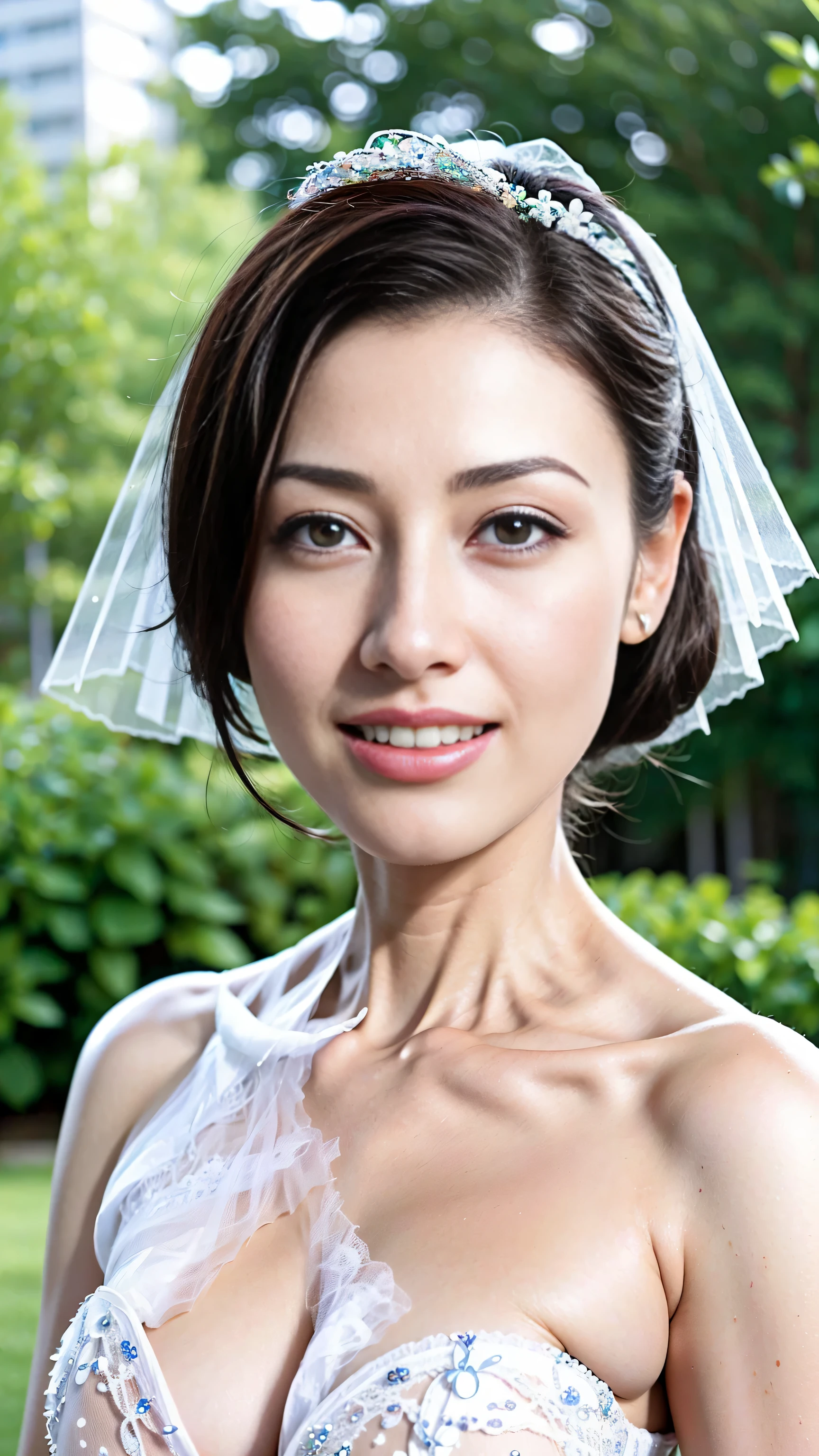 （1 18-year-old female fashion model）， [[[[close up]]]], [[[[]]]], [[[[neck]]]], [[[[Shoulder]]]], perfect eyes, perfect iris，perfect lips，perfect teeth，perfect skin，White skin，Soft headlight，high-density imaging review，girl，((white bridal wedding dress))，((Sexy))，((full))，((exposed))，((bridal hairstyle))，(Various dynamic poses)，(((Excited and satisfied smile)))，The background is green trees and flowers，quality， masterpiece， ultra high resolution，（lifelike： 1.4）， original photo，（超级lifelike细节））， best quality，（pastel colors：1.2）