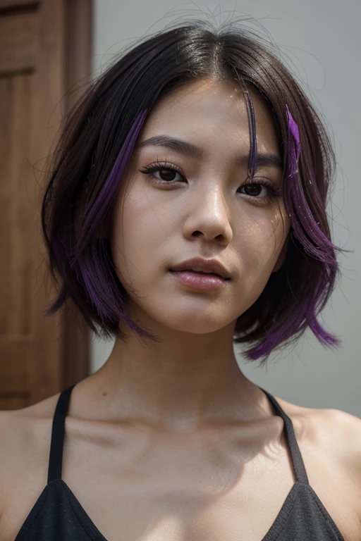 close-up of face, from up and low angles, (RAW photo, highest quality), (realistic, photorealistic), Fei Liang Asian girl, Chinese, 25 years old, beautiful and highly detailed face, short haircut at the level of shoulders, punk style, loose hair, black hair with a purple streak