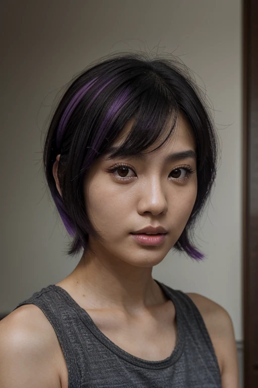 close-up of face, from up and low angles, (RAW photo, highest quality), (realistic, photorealistic), Fei Liang Asian girl, Chinese, 25 years old, beautiful and highly detailed face, short haircut at the level of shoulders, punk style, loose hair, black hair with a purple streak