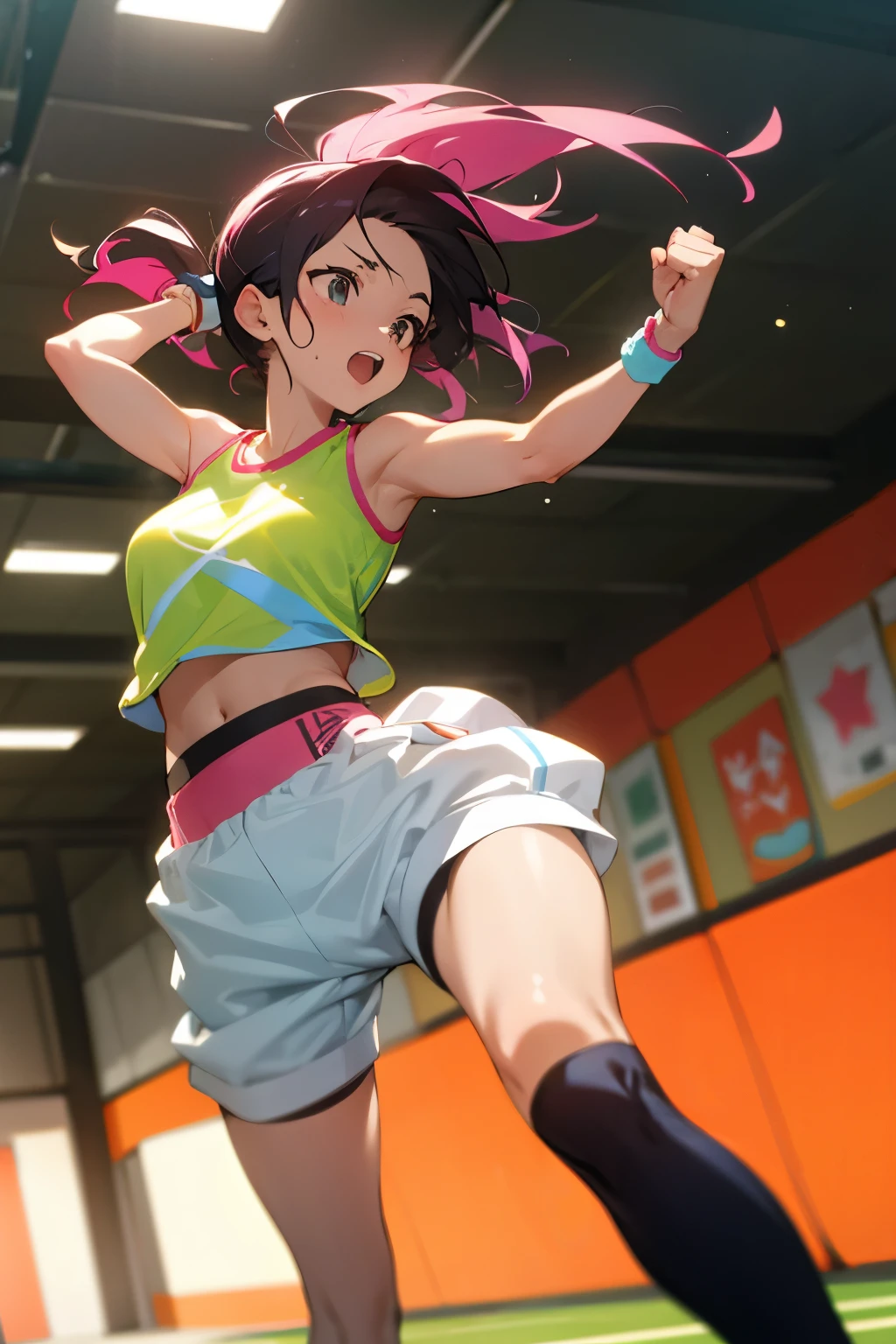 Energetic, high-quality photo of a young, Innocent idol-styled woman in her 30s, wearing
sporty fitness attire, in a modern gym setting, action shot capturing a moment of
intense workout, vibrant colors, well-lit environment, conveying health and vitality.